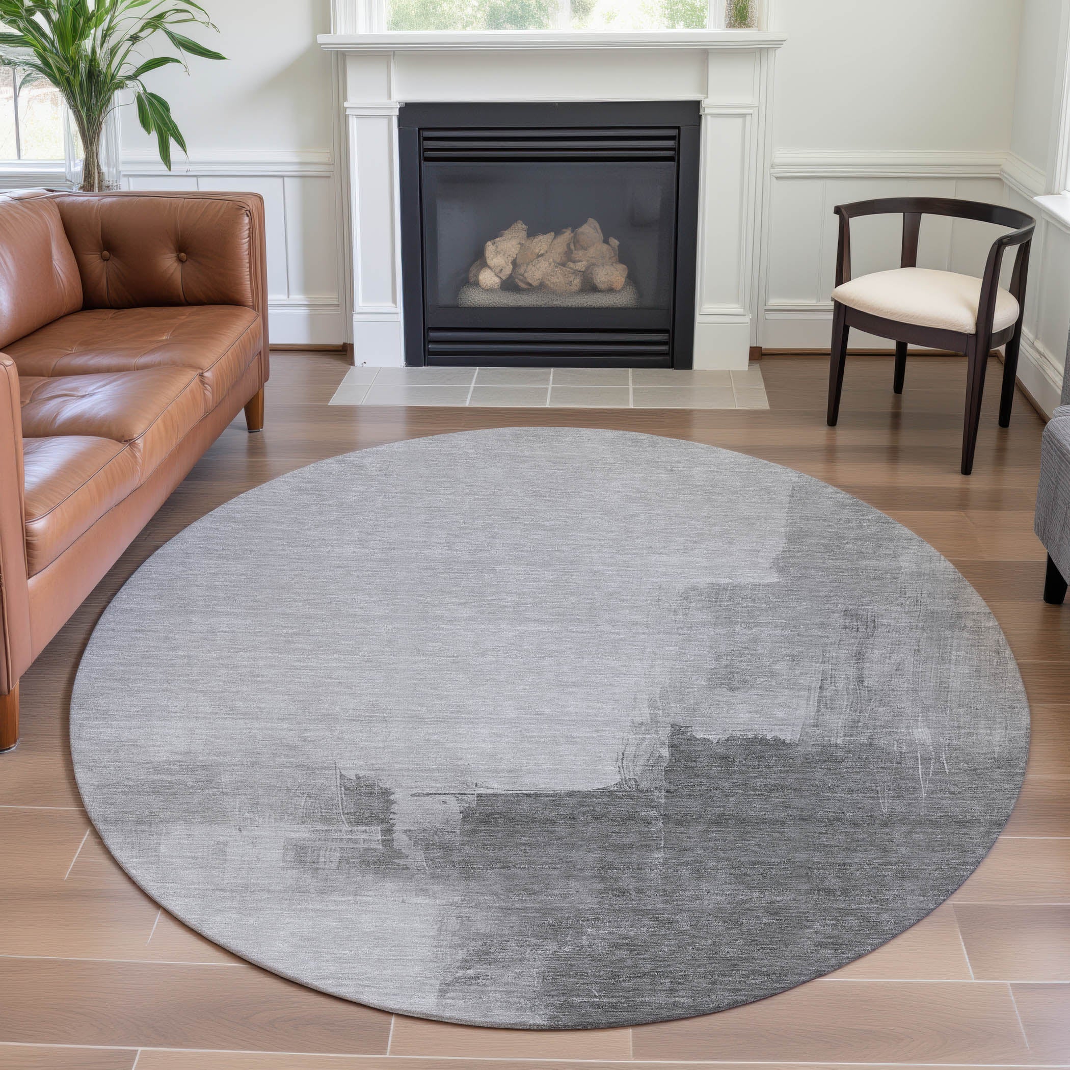 Lucerne Machine Washable Transitional Silver Gray Rug 8' x 8' #shape_Round