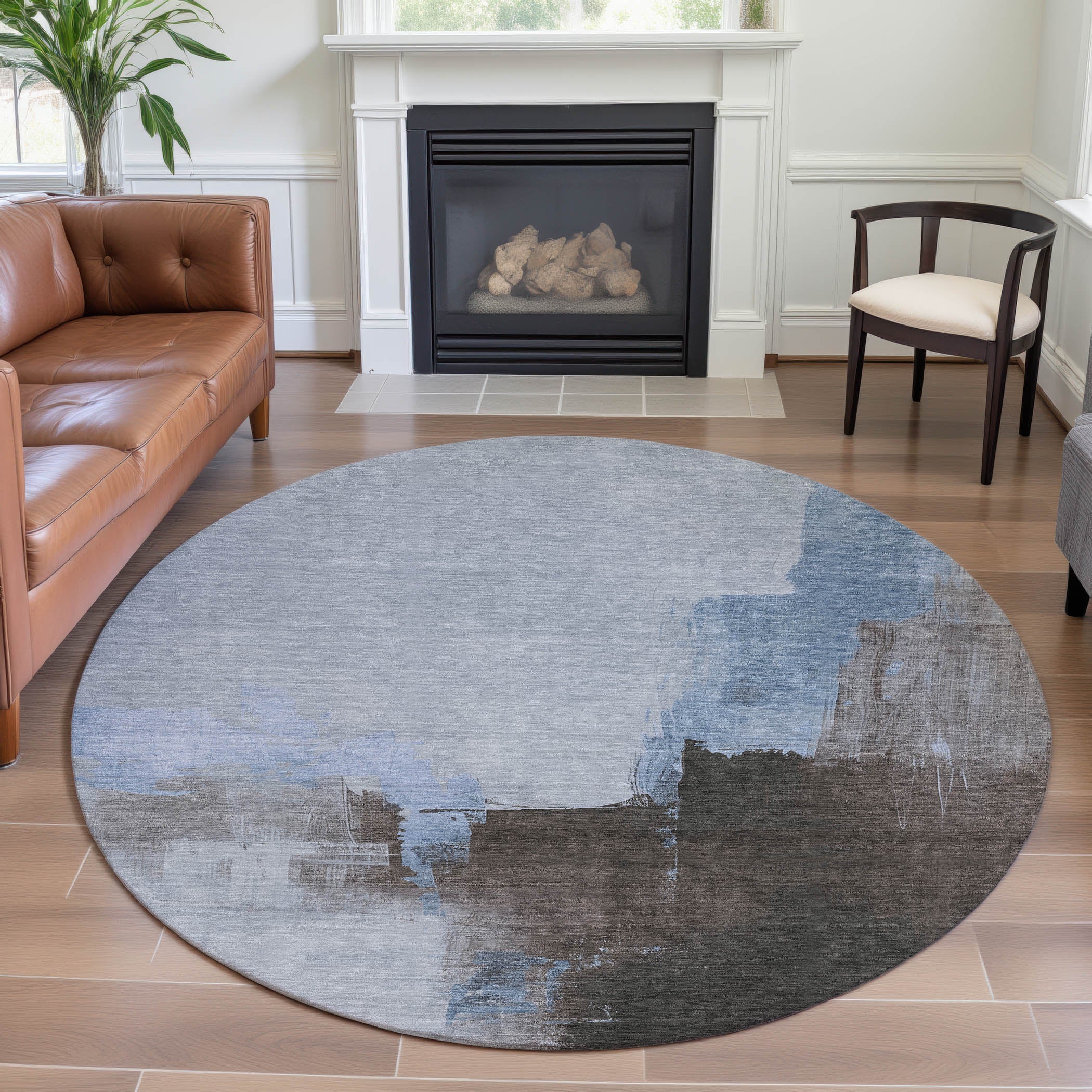 Lucerne Machine Washable Transitional Sky Blue Rug 8' x 8' #shape_Round