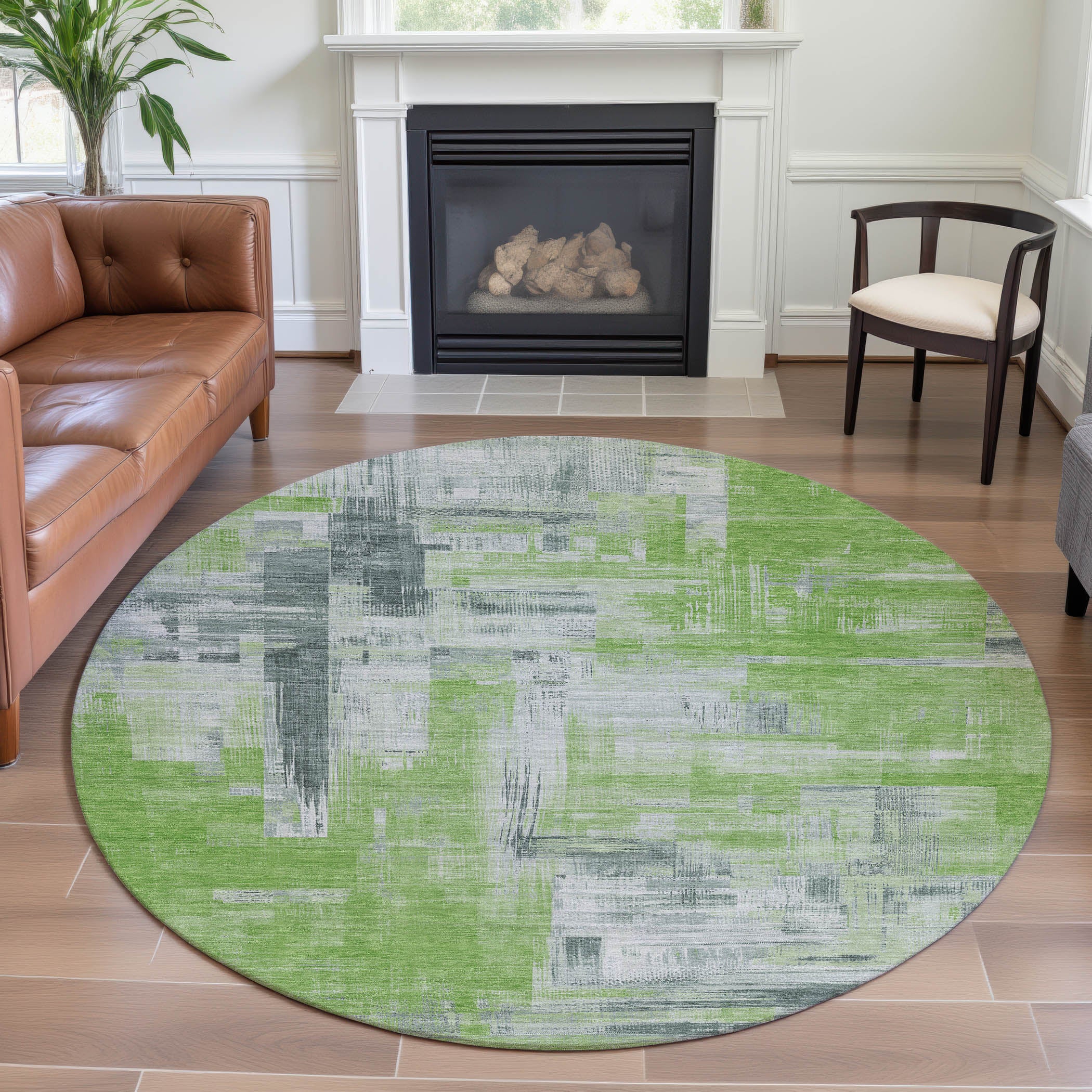 Vienna Machine Washable Transitional Aloe Green Rug 8' x 8' #shape_Round