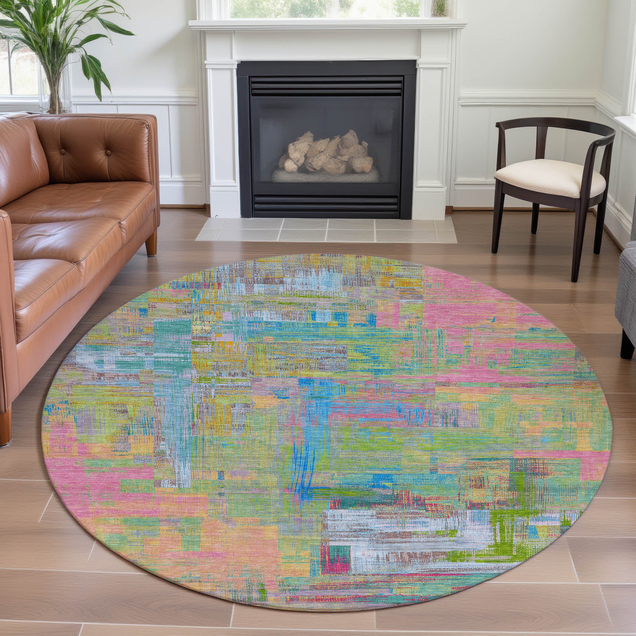 Vienna Machine Washable Transitional Pink Rug 8' x 8' #shape_Round