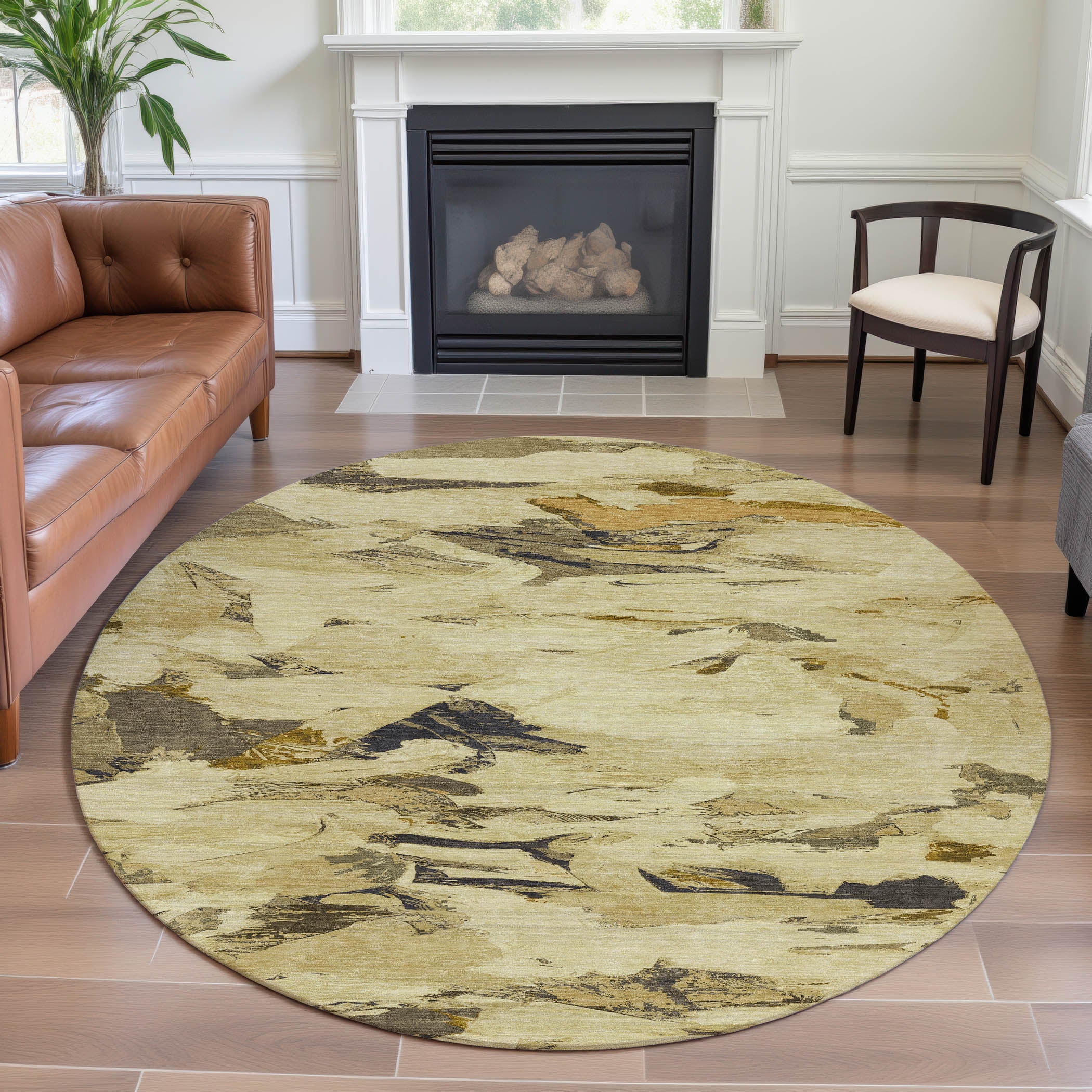 Cusco Machine Washable Transitional Gold Rug 8' x 8' #shape_Round