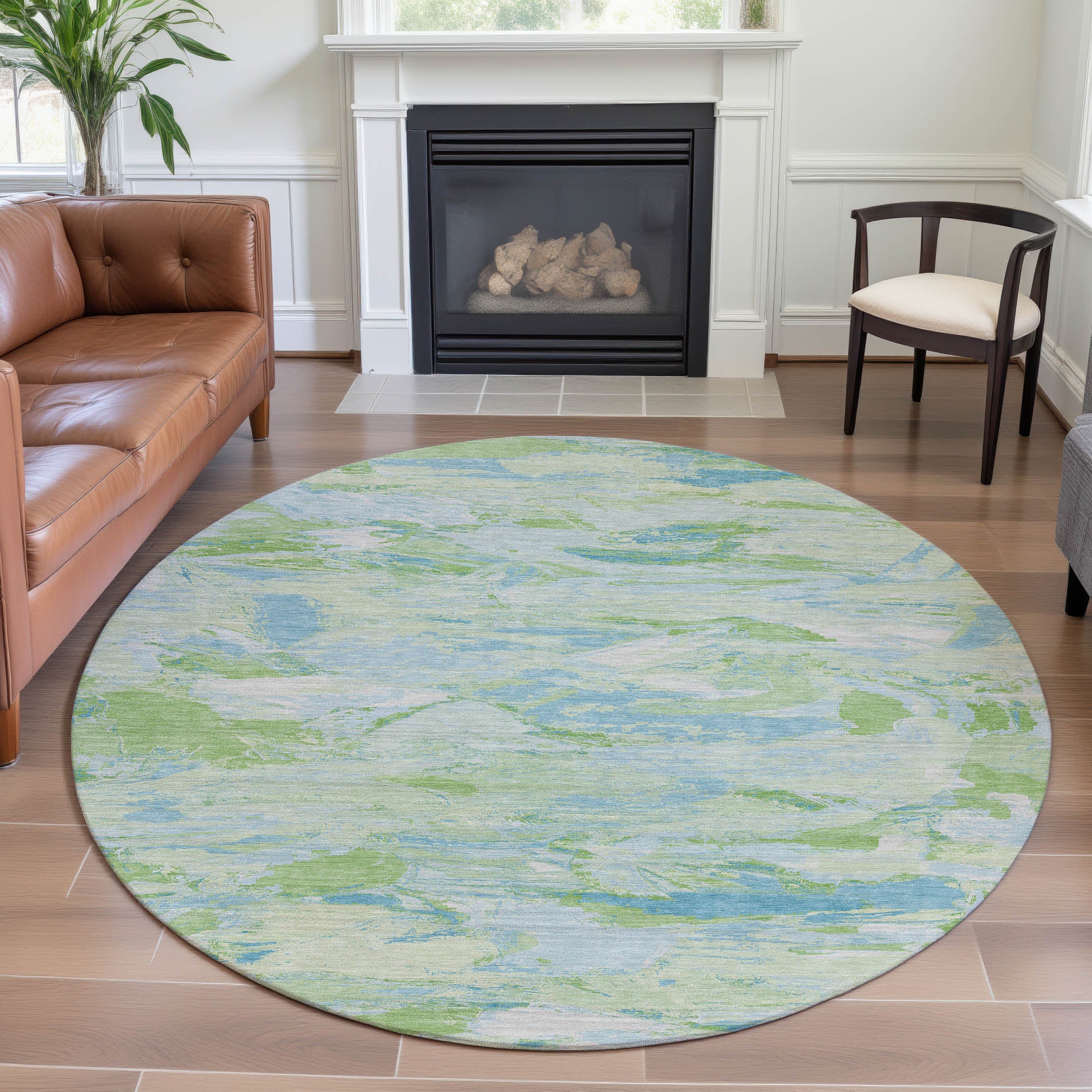 Cusco Machine Washable Transitional Mint Green Rug 8' x 8' #shape_Round