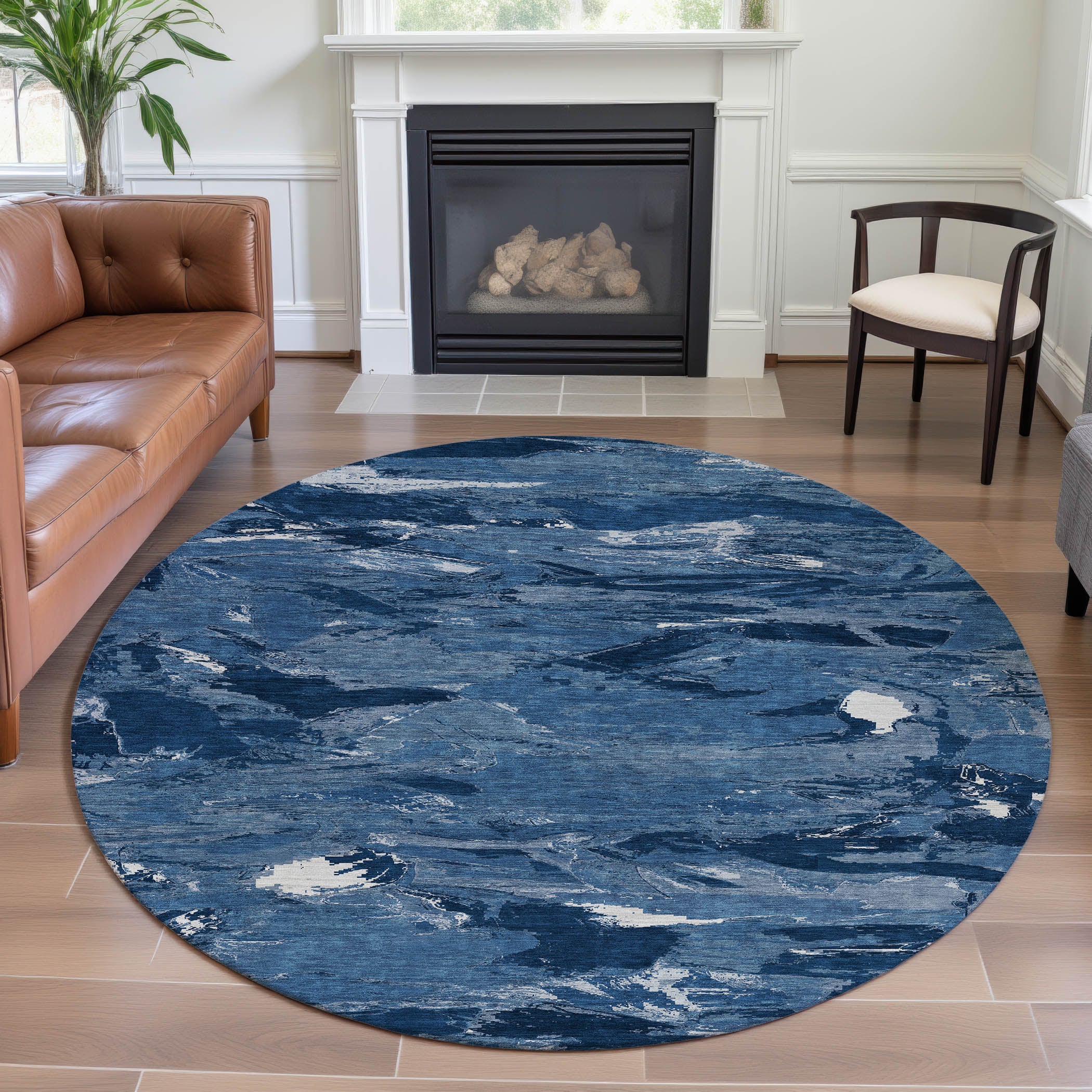 Cusco Machine Washable Transitional Navy Blue Rug 8' x 8' #shape_Round