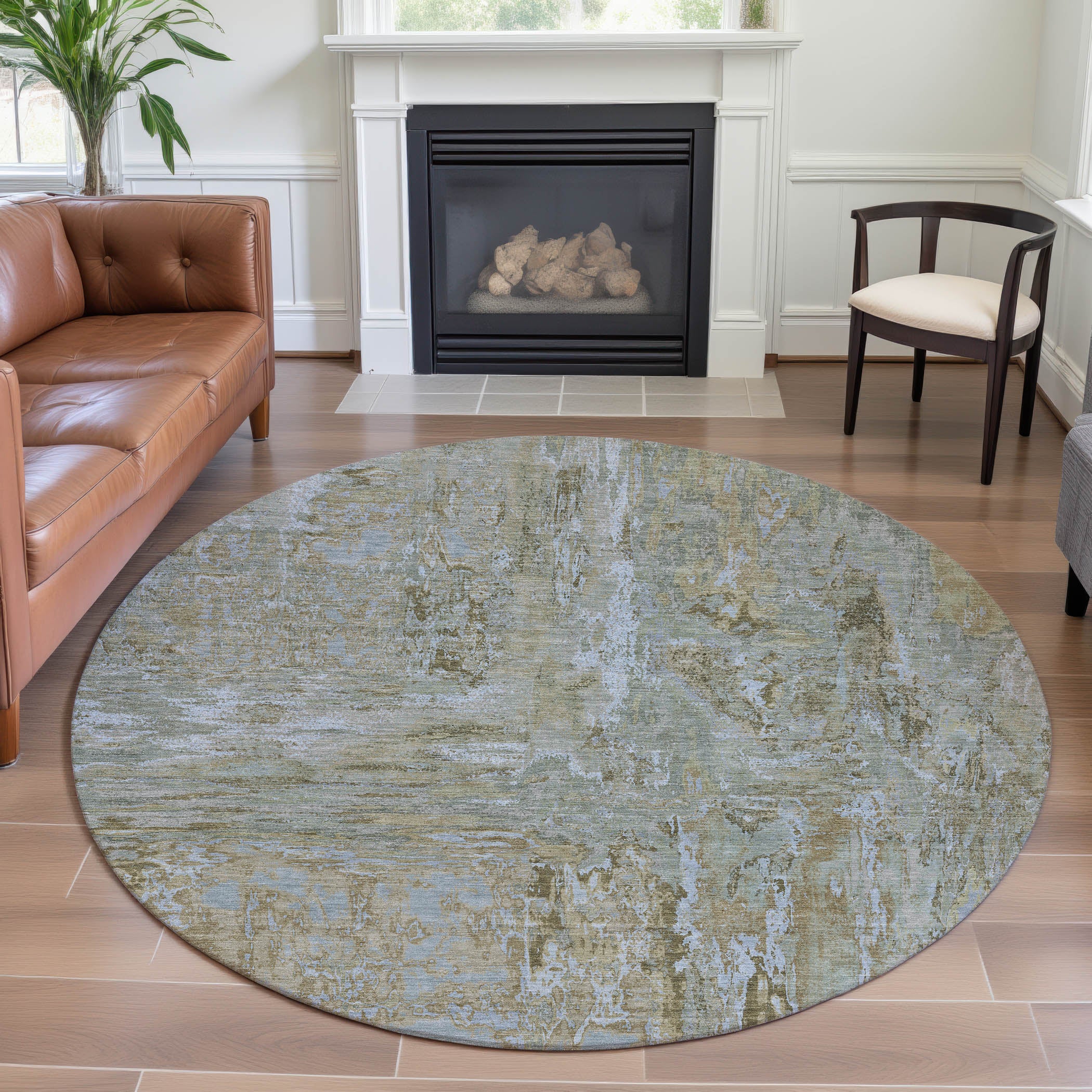 Zanzibar Machine Washable Transitional Khaki Brown Rug 8' x 8' #shape_Round