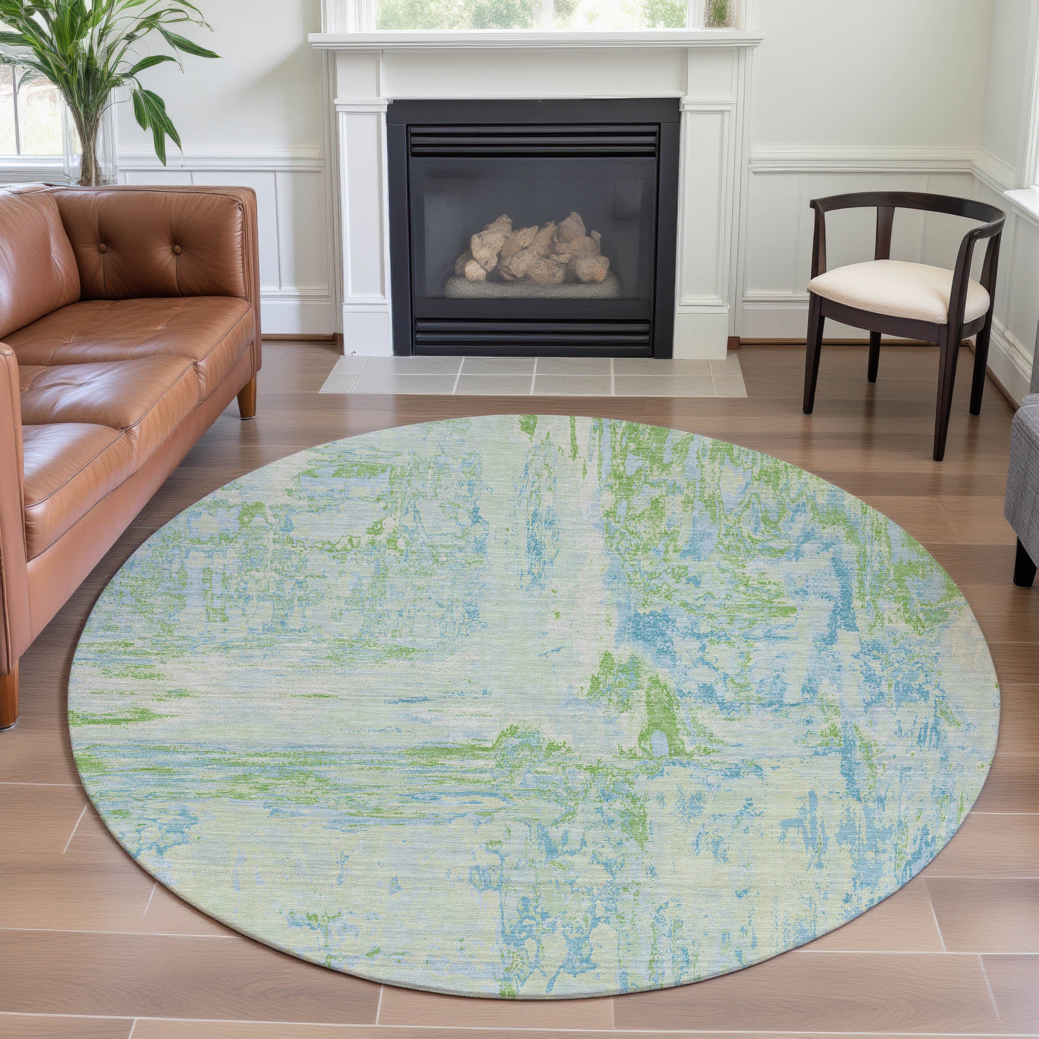 Zanzibar Machine Washable Transitional Mint Green Rug 8' x 8' #shape_Round