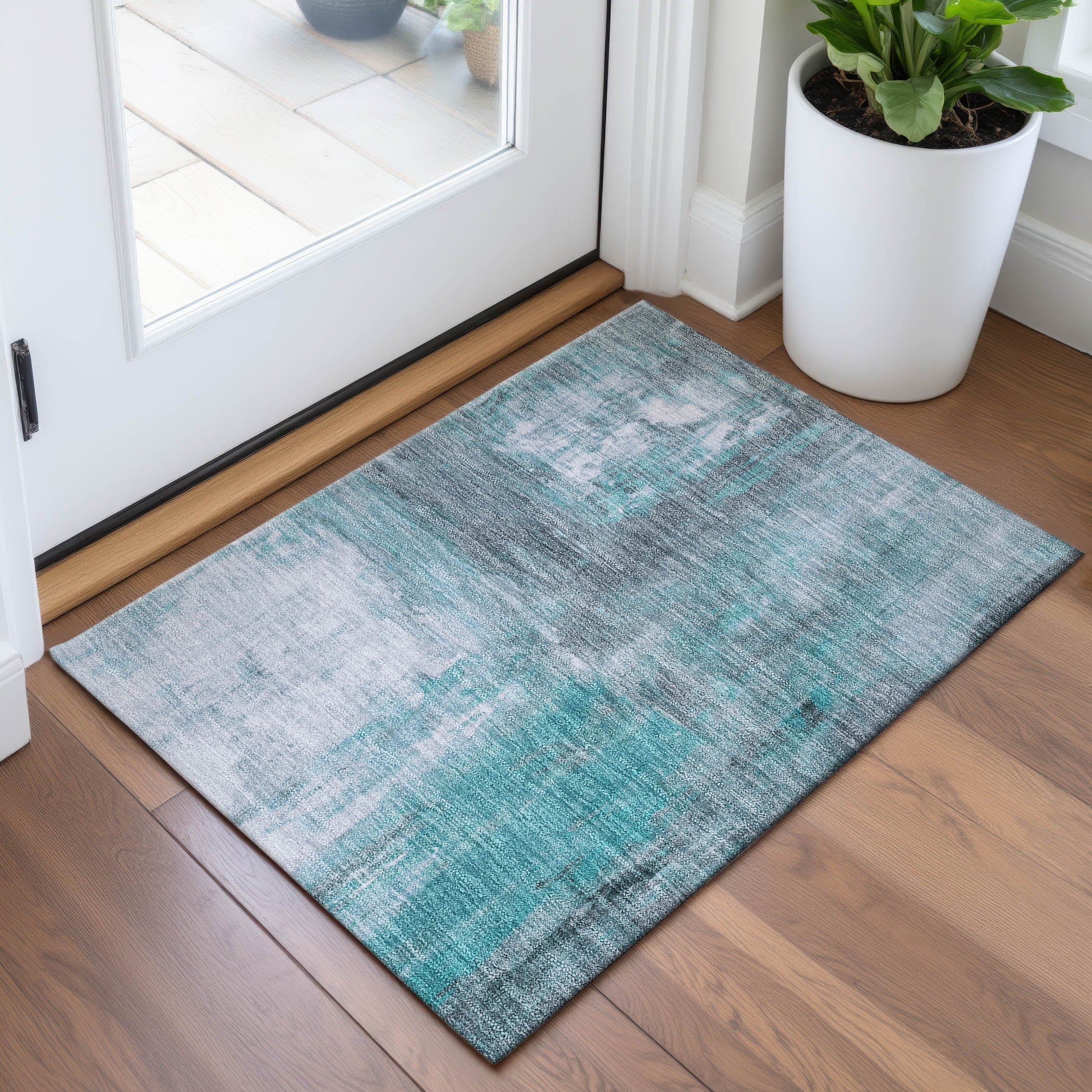 Zanzibar Machine Washable Transitional Teal Rug 1'8" x 2'6" #shape_Rectangle
