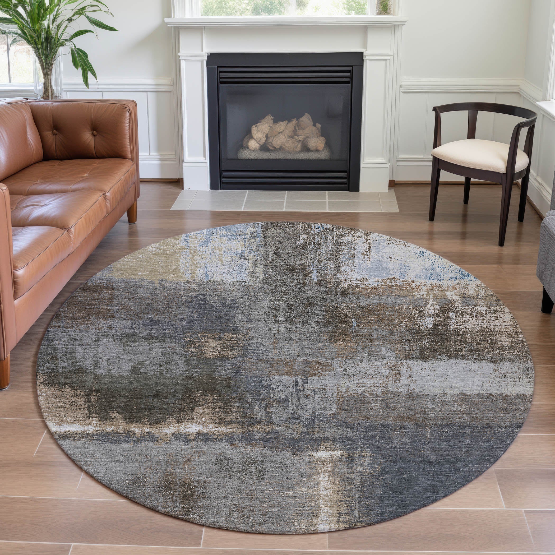 Bern Machine Washable Transitional Khaki Brown Rug 8' x 8' #shape_Round