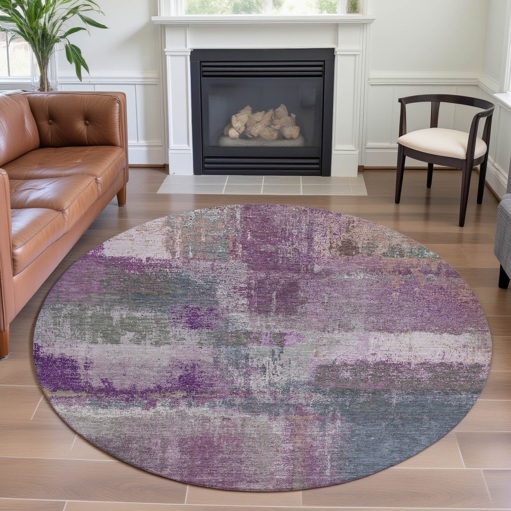 Bern Machine Washable Transitional Lavender Purple Rug 8' x 8' #shape_Round