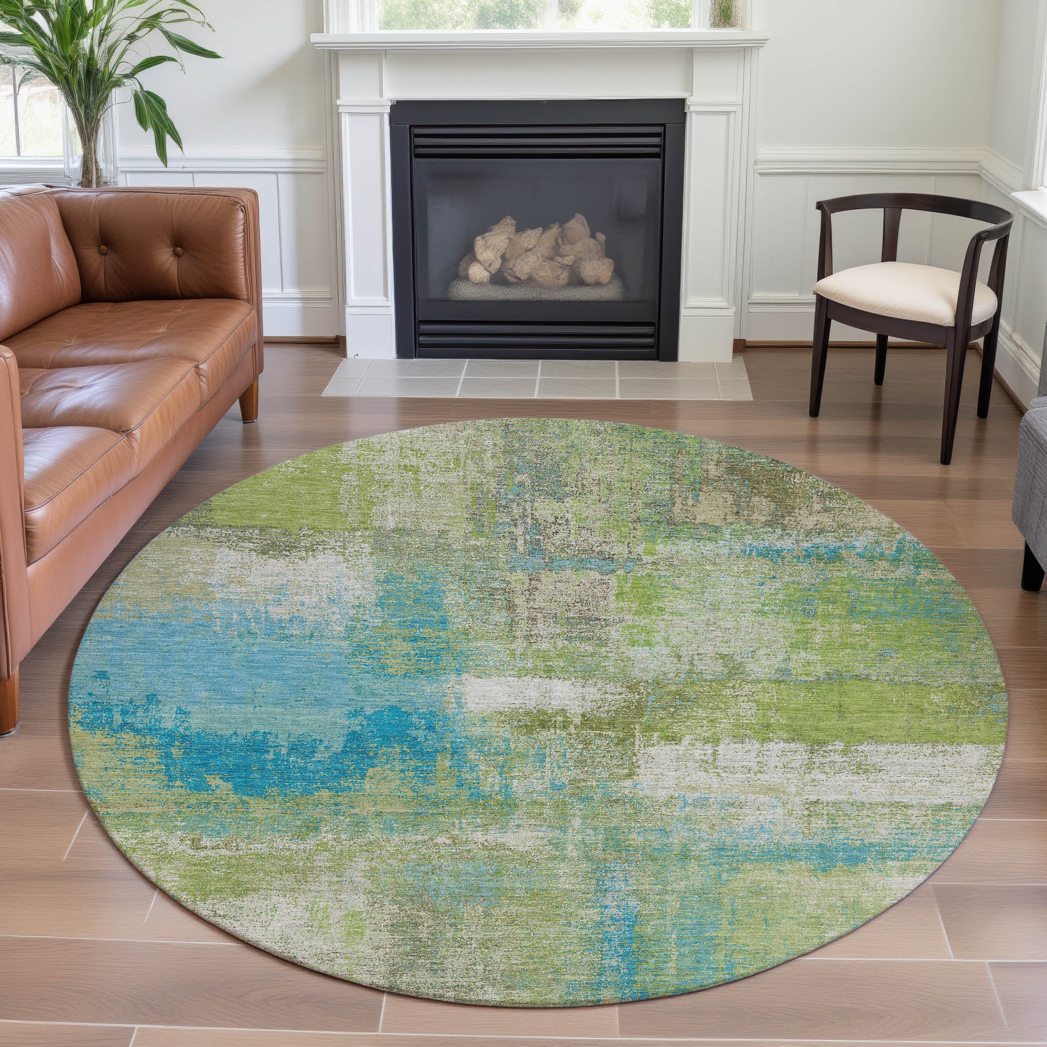 Bern Machine Washable Transitional Lime Green Rug 8' x 8' #shape_Round