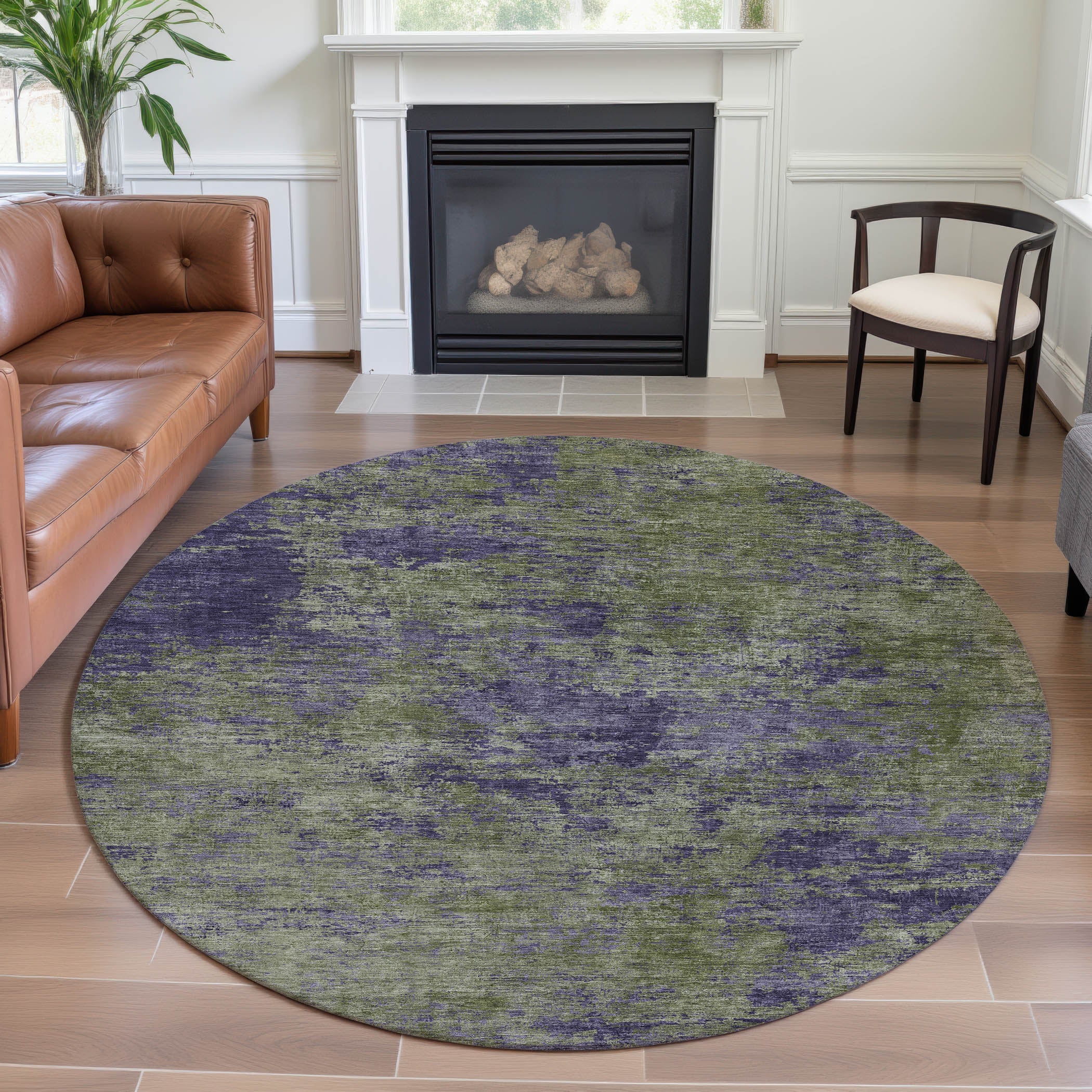 Colombo Machine Washable Transitional Olive Green Rug 8' x 8' #shape_Round