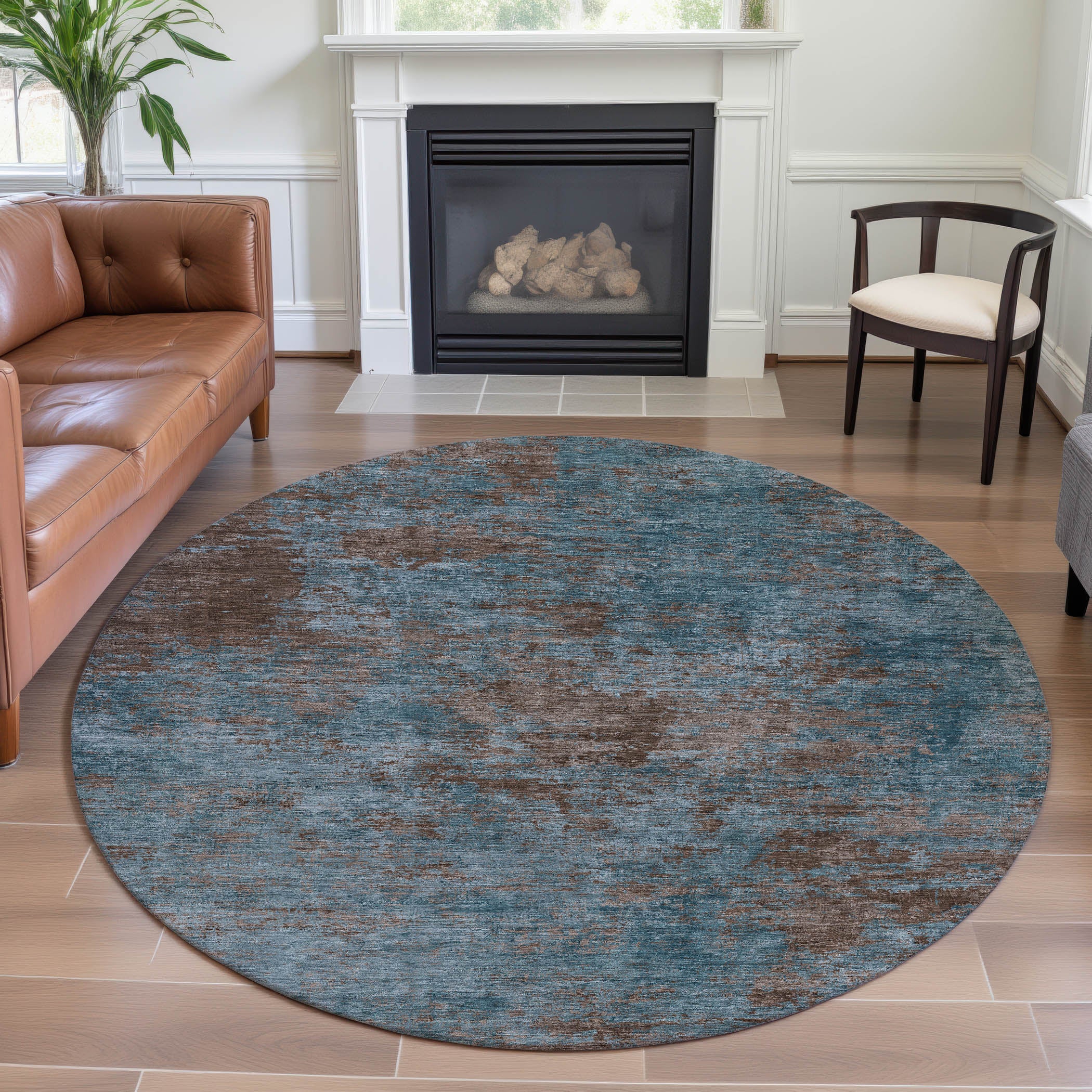 Colombo Machine Washable Transitional Teal Rug 8' x 8' #shape_Round