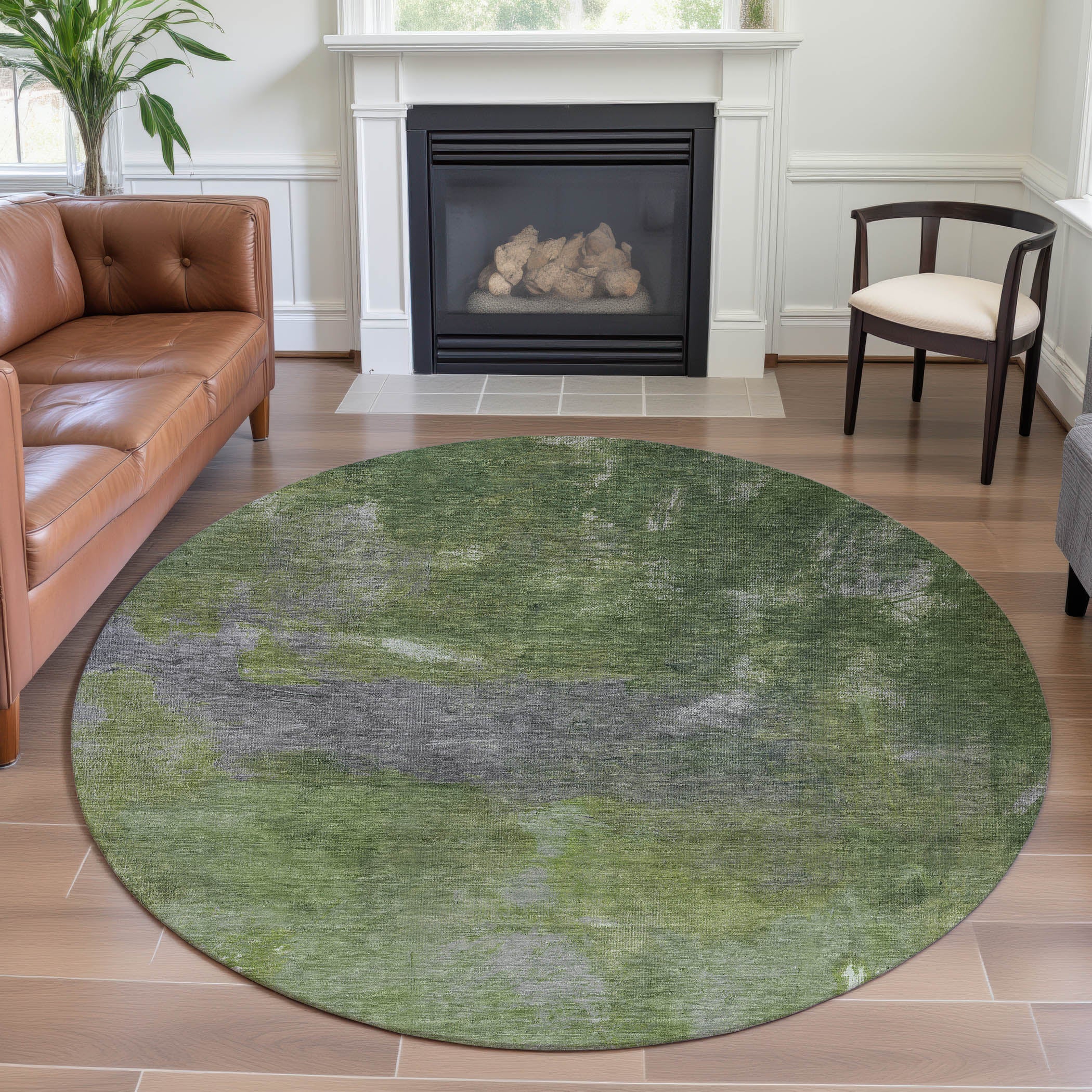 Seoul Machine Washable Transitional Green Rug 8' x 8' #shape_Round