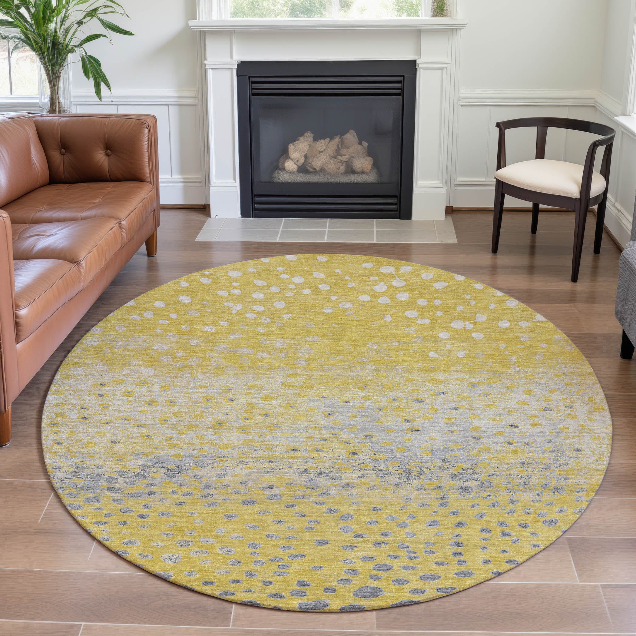 Istanbul Machine Washable Transitional Yellow Gold Rug 8' x 8' #shape_Round