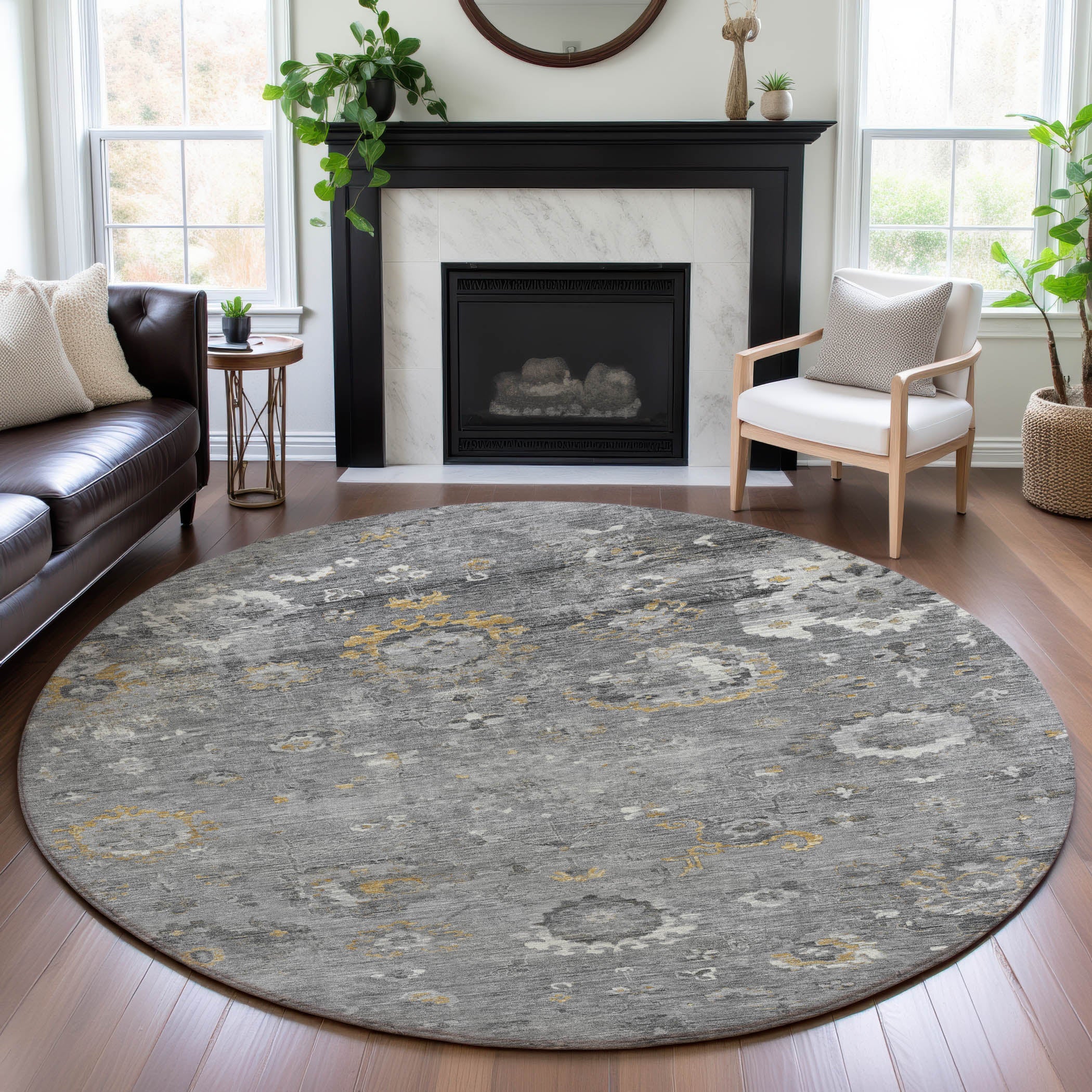 Tbilisi Machine Washable Traditional Gray Rug 8' x 8' #shape_Round