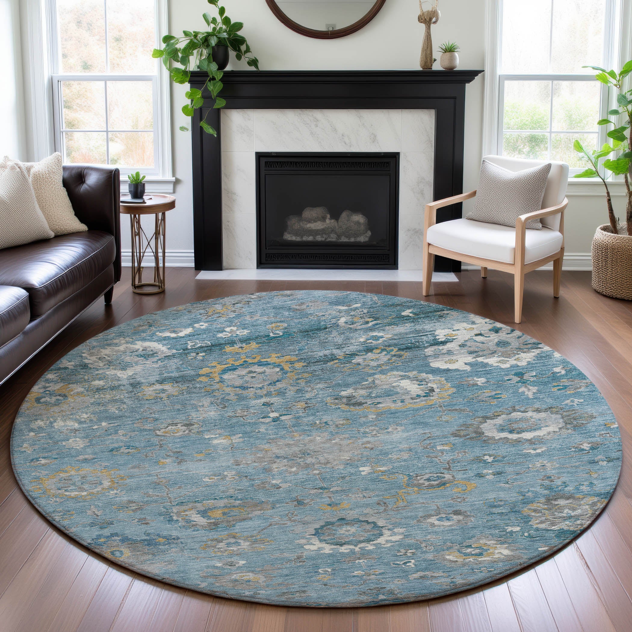Tbilisi Machine Washable Traditional Teal Rug 8' x 8' #shape_Round