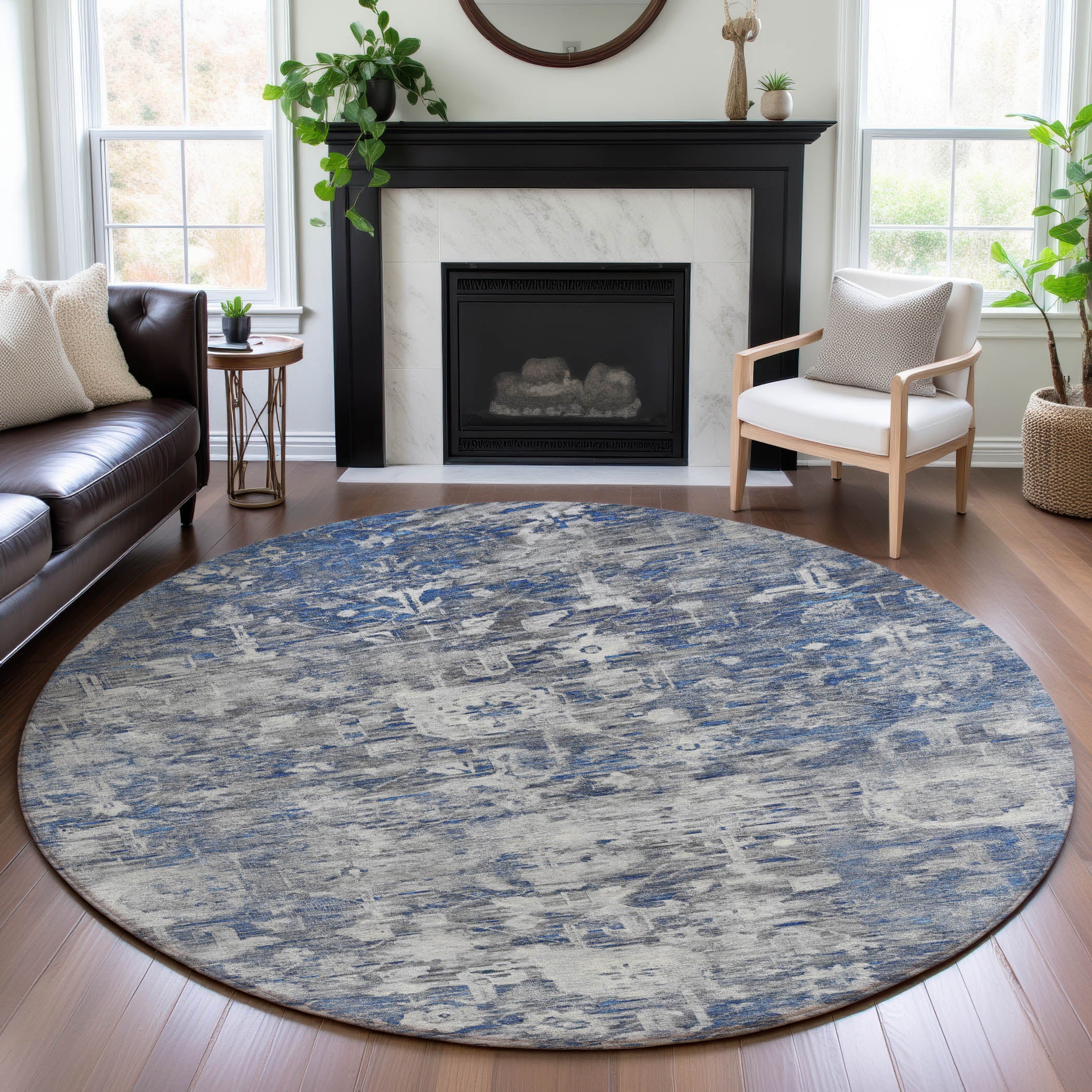 Istanbul Machine Washable Traditional Blue Rug 8' x 8' #shape_Round