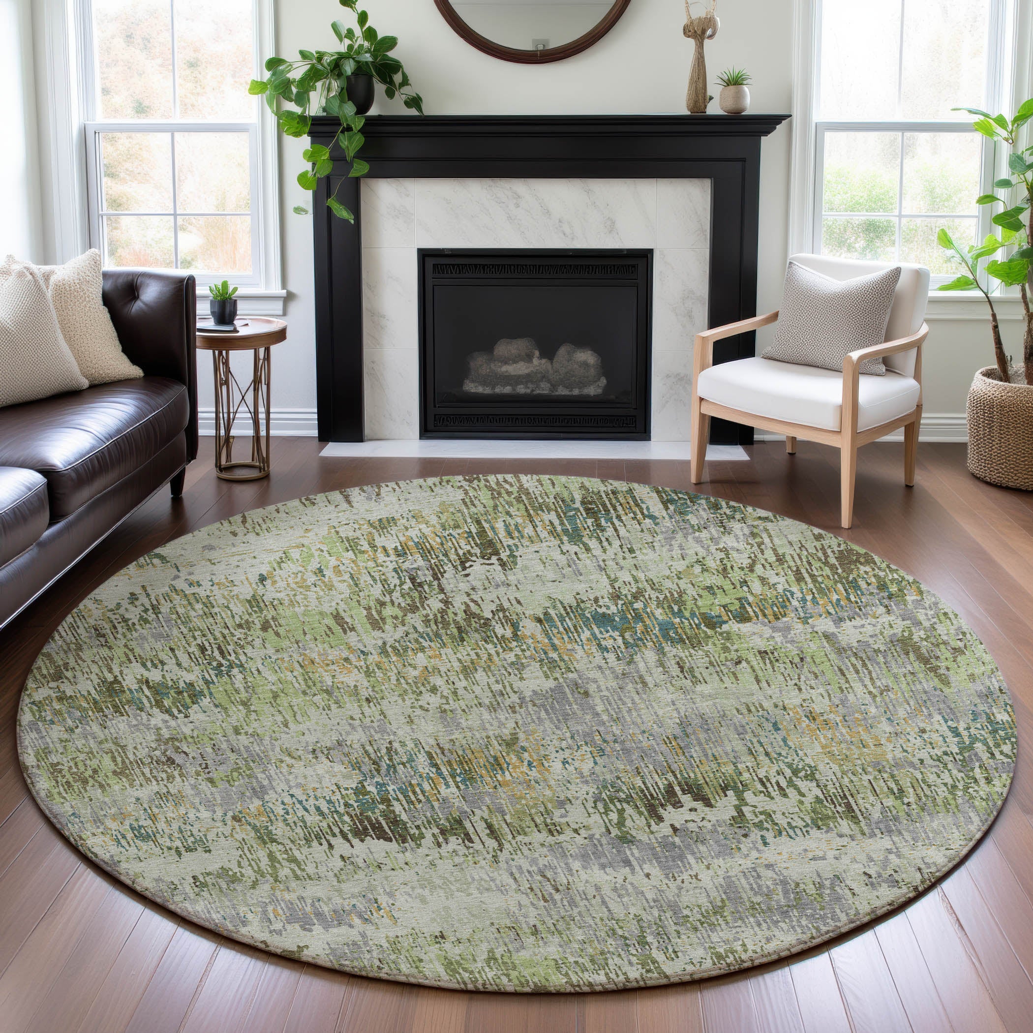 Salzburg Machine Washable Transitional Aloe Green Rug 8' x 8' #shape_Round