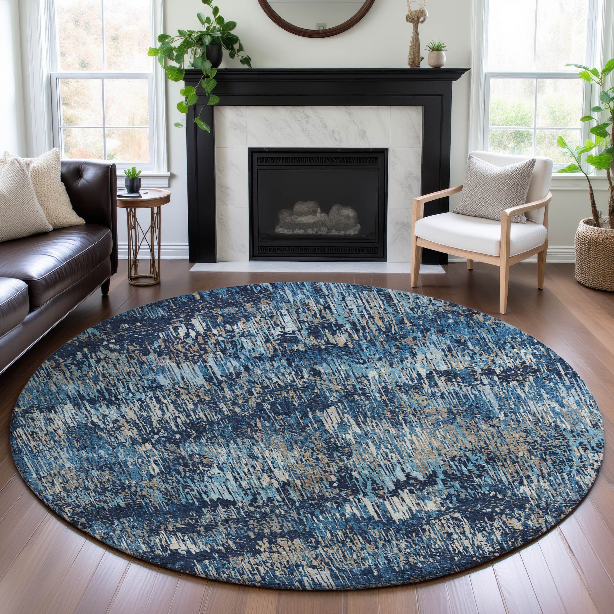 Salzburg Machine Washable Transitional Navy Blue Rug 8' x 8' #shape_Round