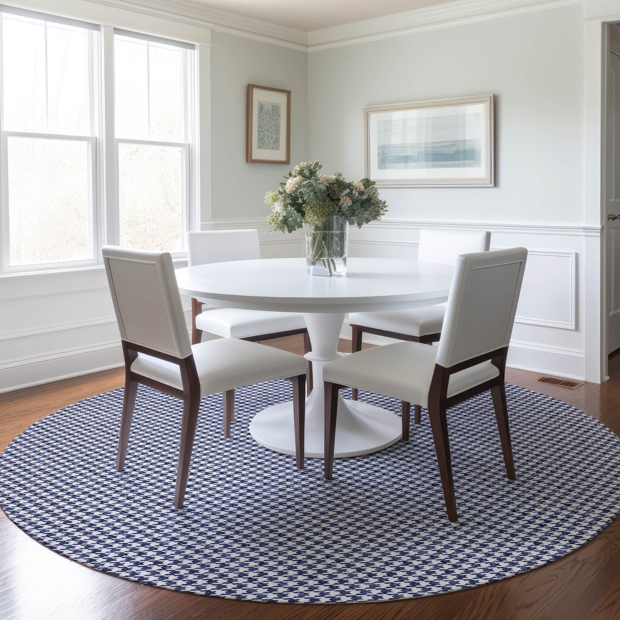 Mdina Machine Washable Transitional Navy Blue Rug 8' x 8' #shape_Round