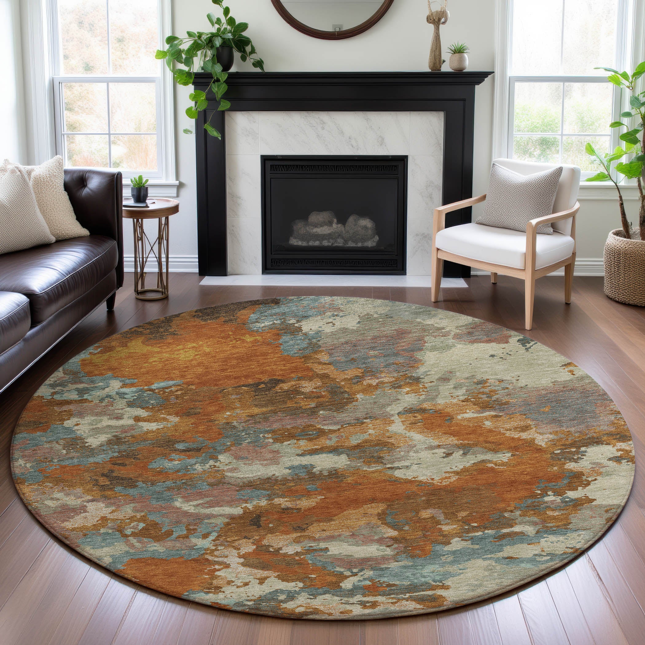 Seoul Machine Washable Transitional Copper Orange Rug 8' x 8' #shape_Round