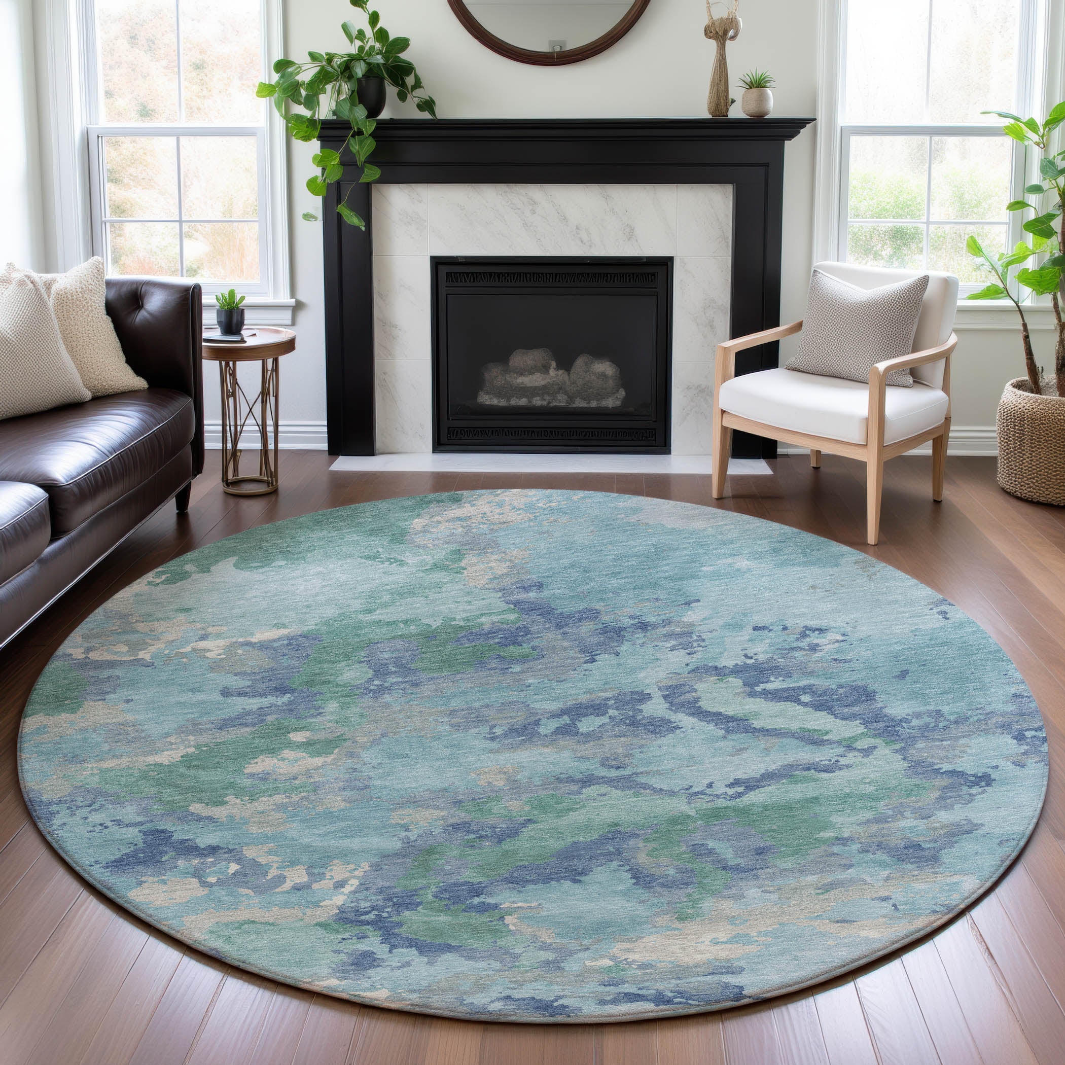 Havana Machine Washable Transitional Seafoam Blue Rug 8' x 8' #shape_Round