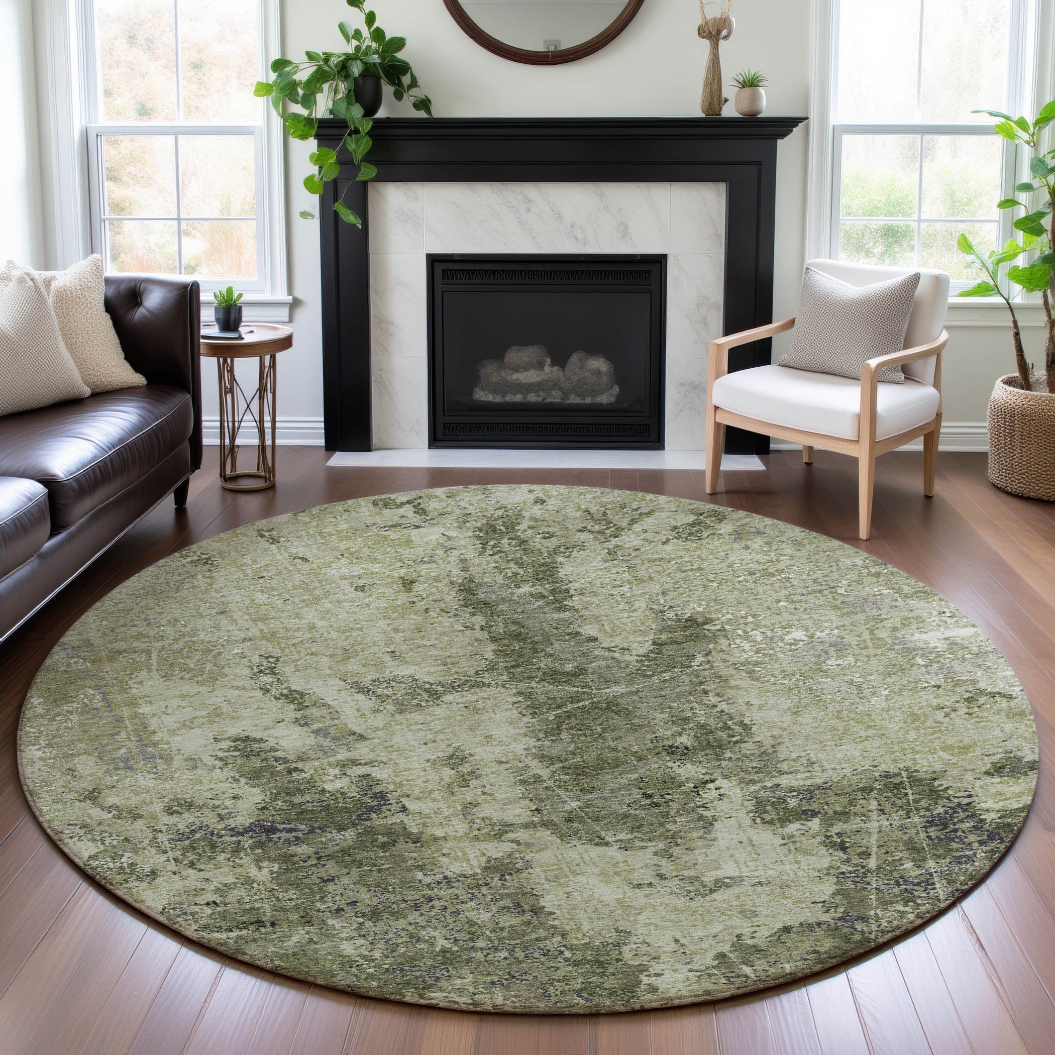 Baku Machine Washable Transitional Aloe Green Rug 8' x 8' #shape_Round