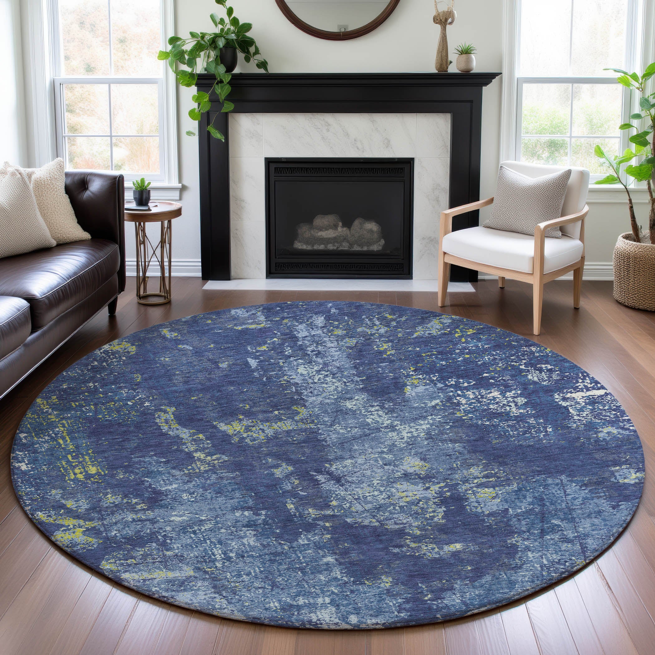 Baku Machine Washable Transitional Navy Blue Rug 8' x 8' #shape_Round