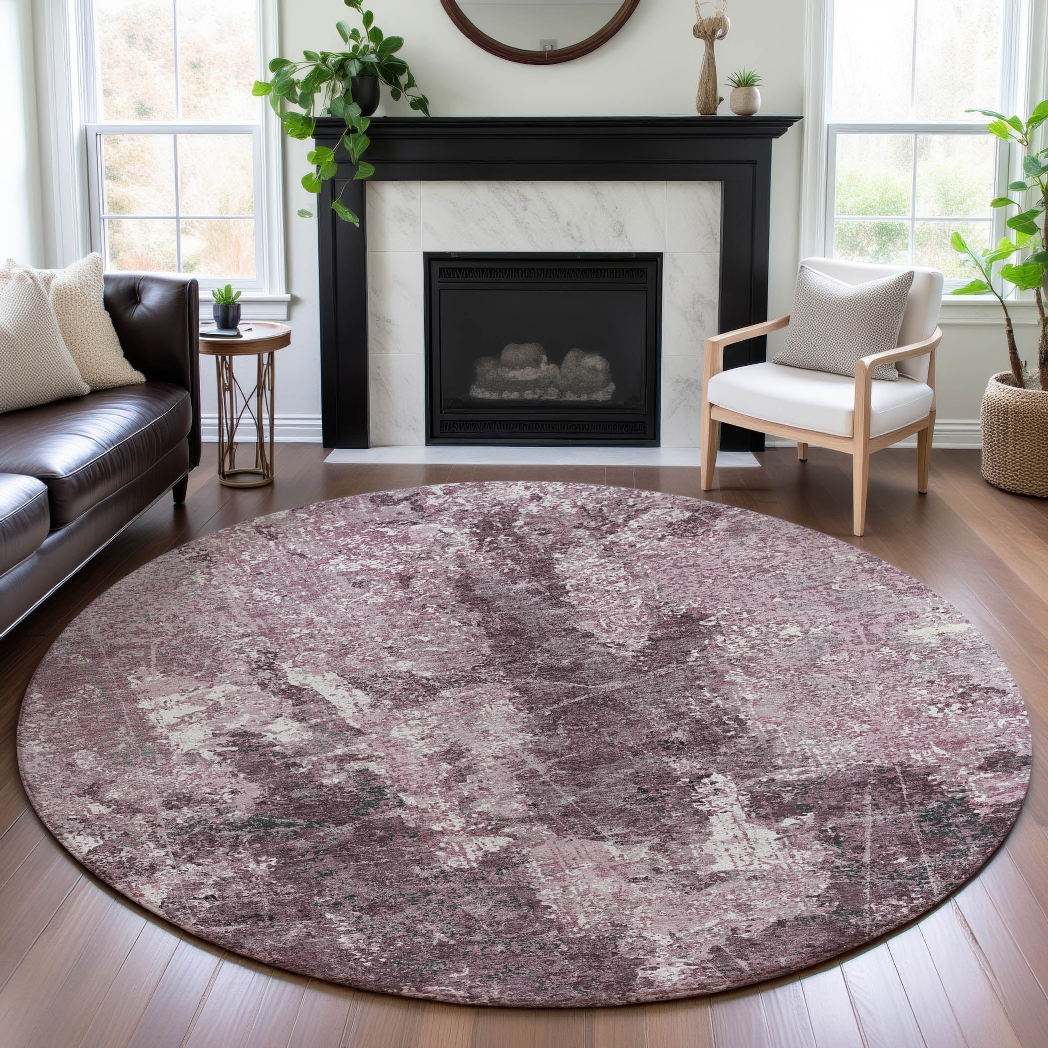 Baku Machine Washable Transitional Pink Rug 8' x 8' #shape_Round