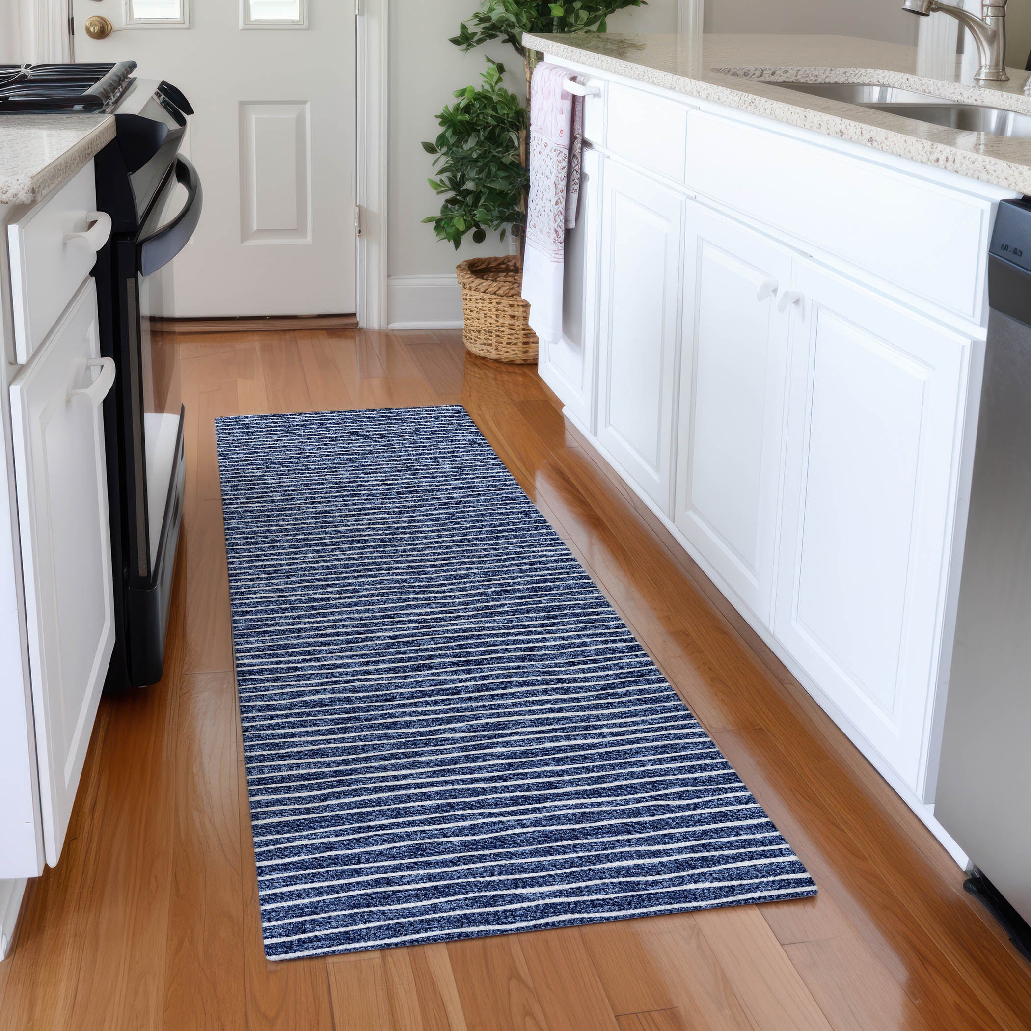 Colombo Machine Washable Transitional Navy Blue Rug 2'3" x 7'6" #shape_Runner