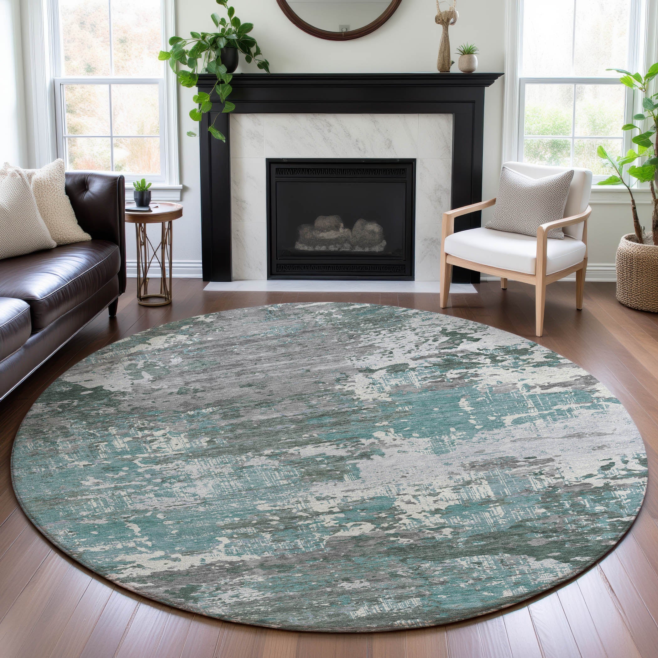 Rome Machine Washable Transitional Seafoam Blue Rug 8' x 8' #shape_Round