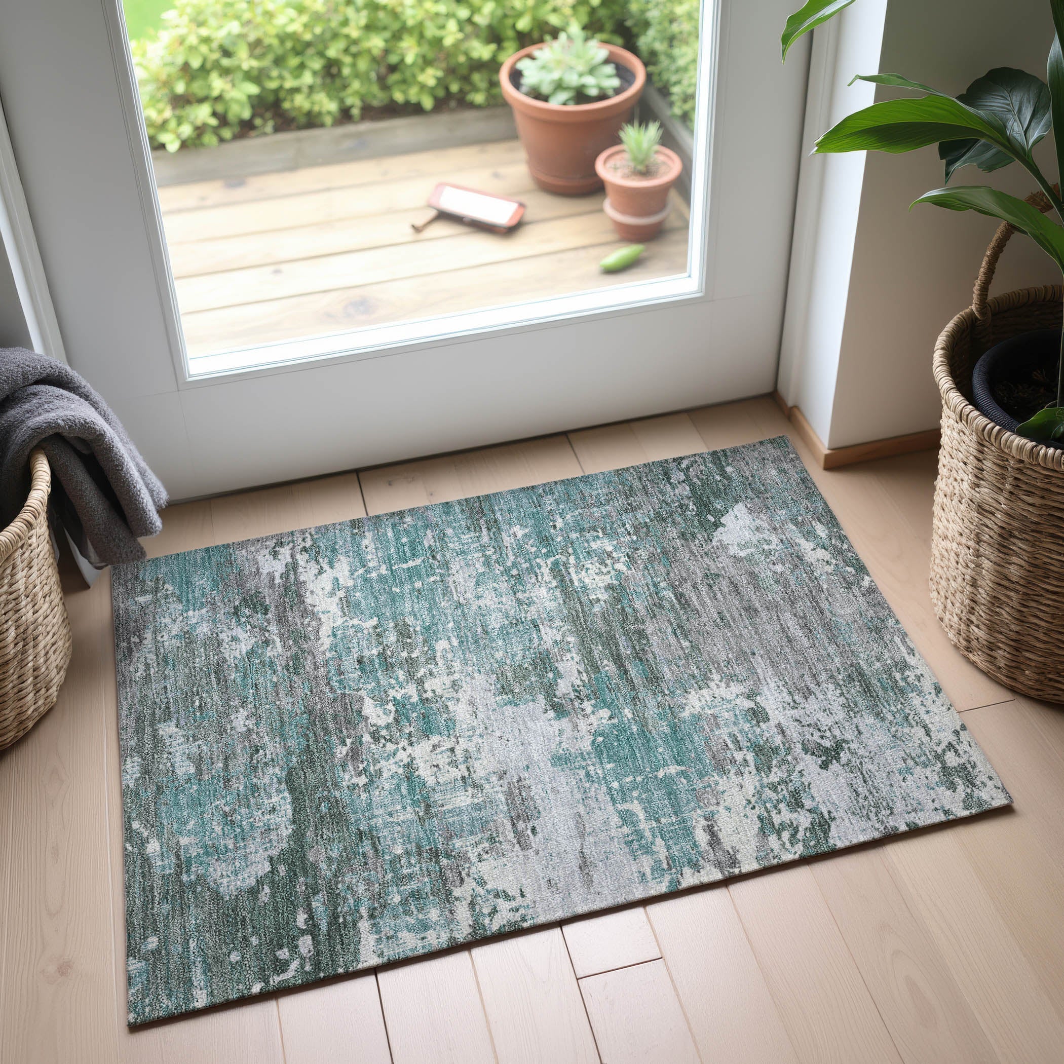 Rome Machine Washable Transitional Seafoam Blue Rug 1'8" x 2'6" #shape_Rectangle