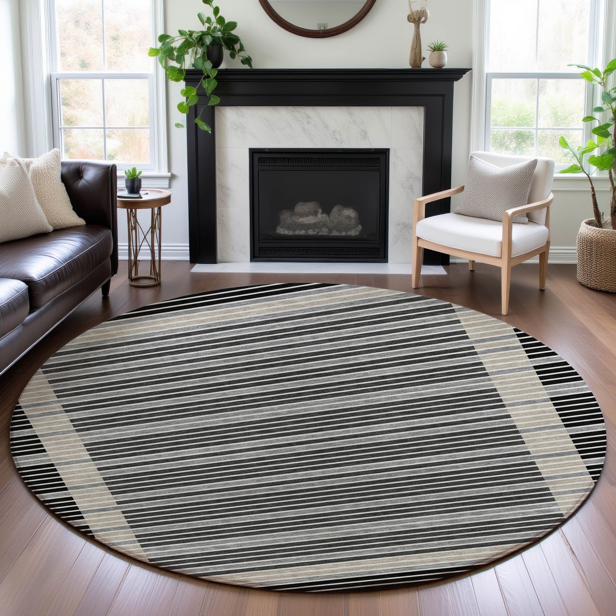 Kyoto Machine Washable Transitional Black Rug 8' x 8' #shape_Round