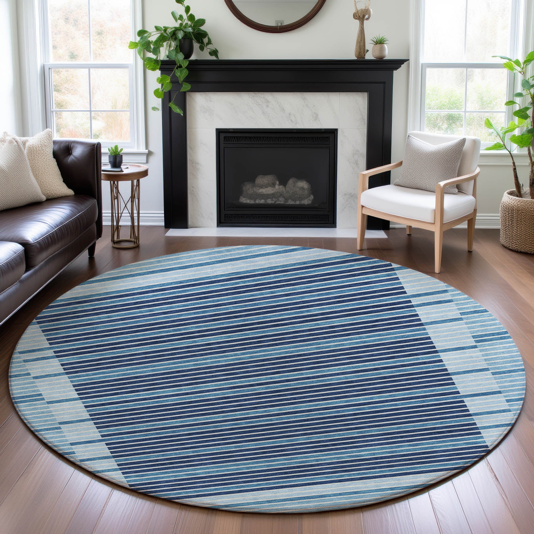 Kyoto Machine Washable Transitional Sky Blue Rug 8' x 8' #shape_Round