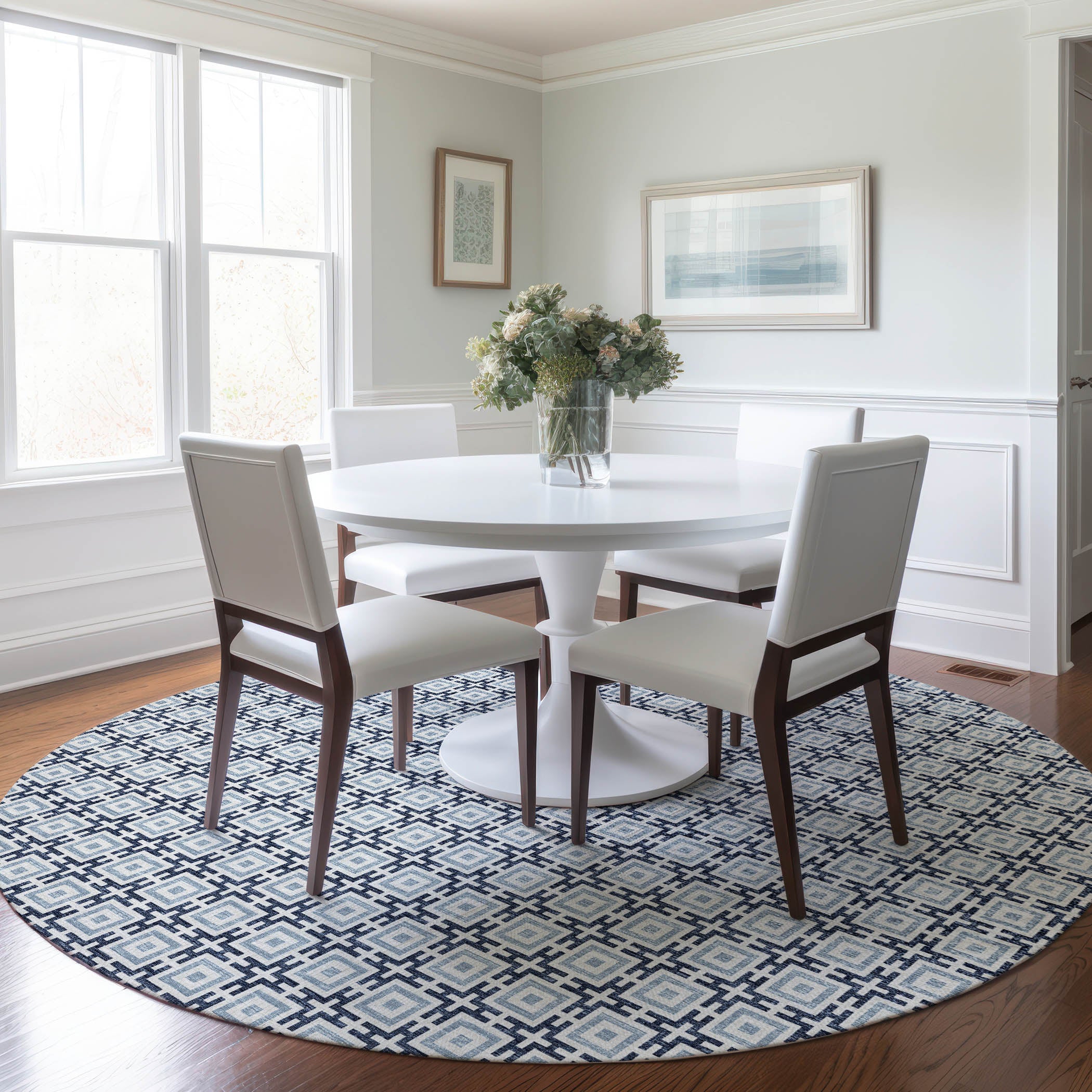 Zanzibar Machine Washable Transitional Navy Blue Rug 8' x 8' #shape_Round