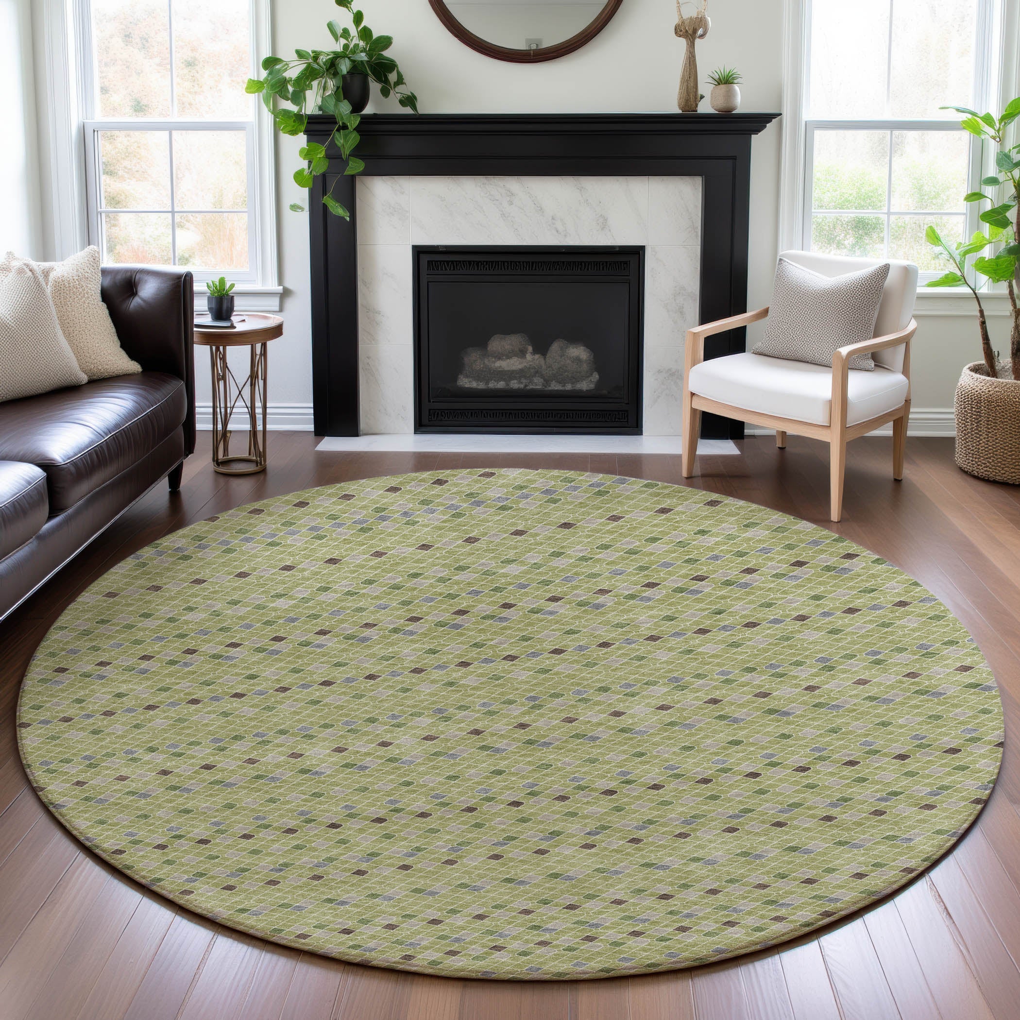 Kathmandu Machine Washable Transitional Aloe Green Rug 8' x 8' #shape_Round