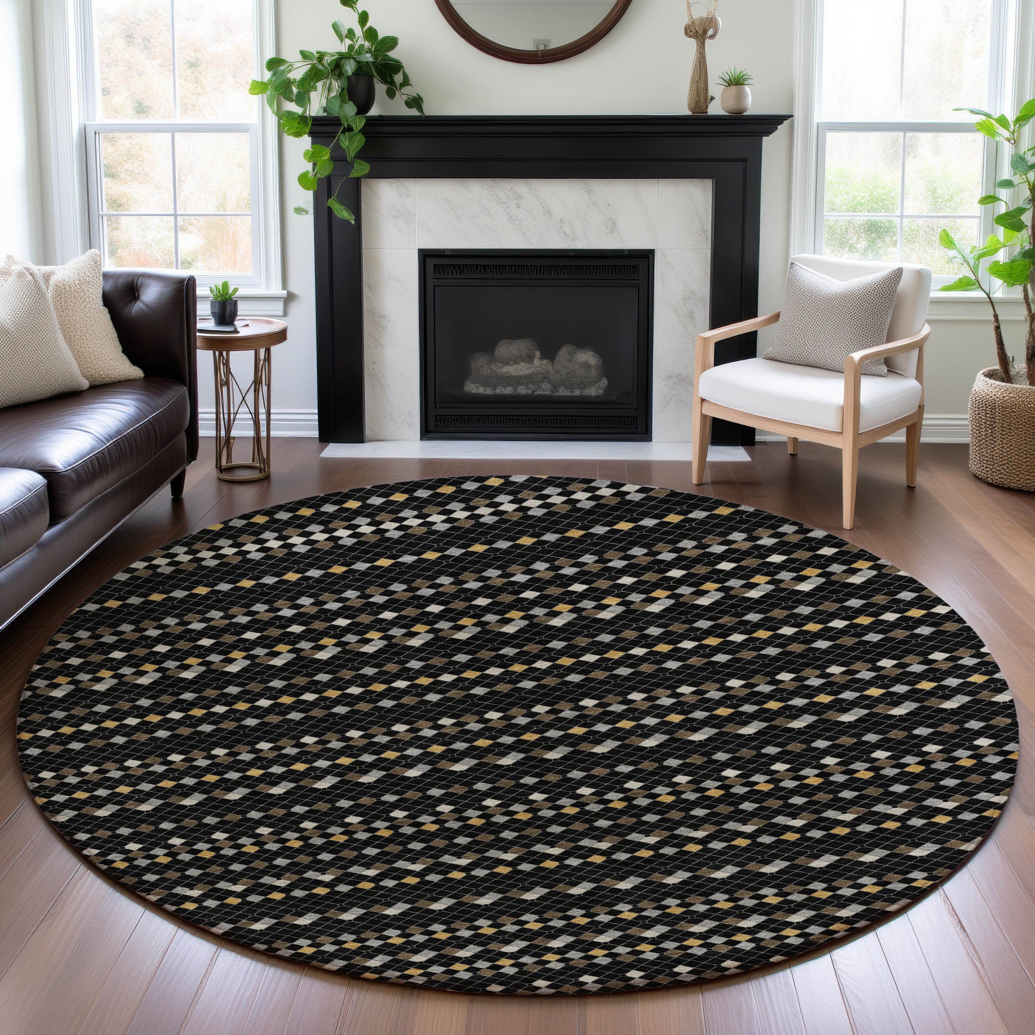 Kathmandu Machine Washable Transitional Black Rug 8' x 8' #shape_Round