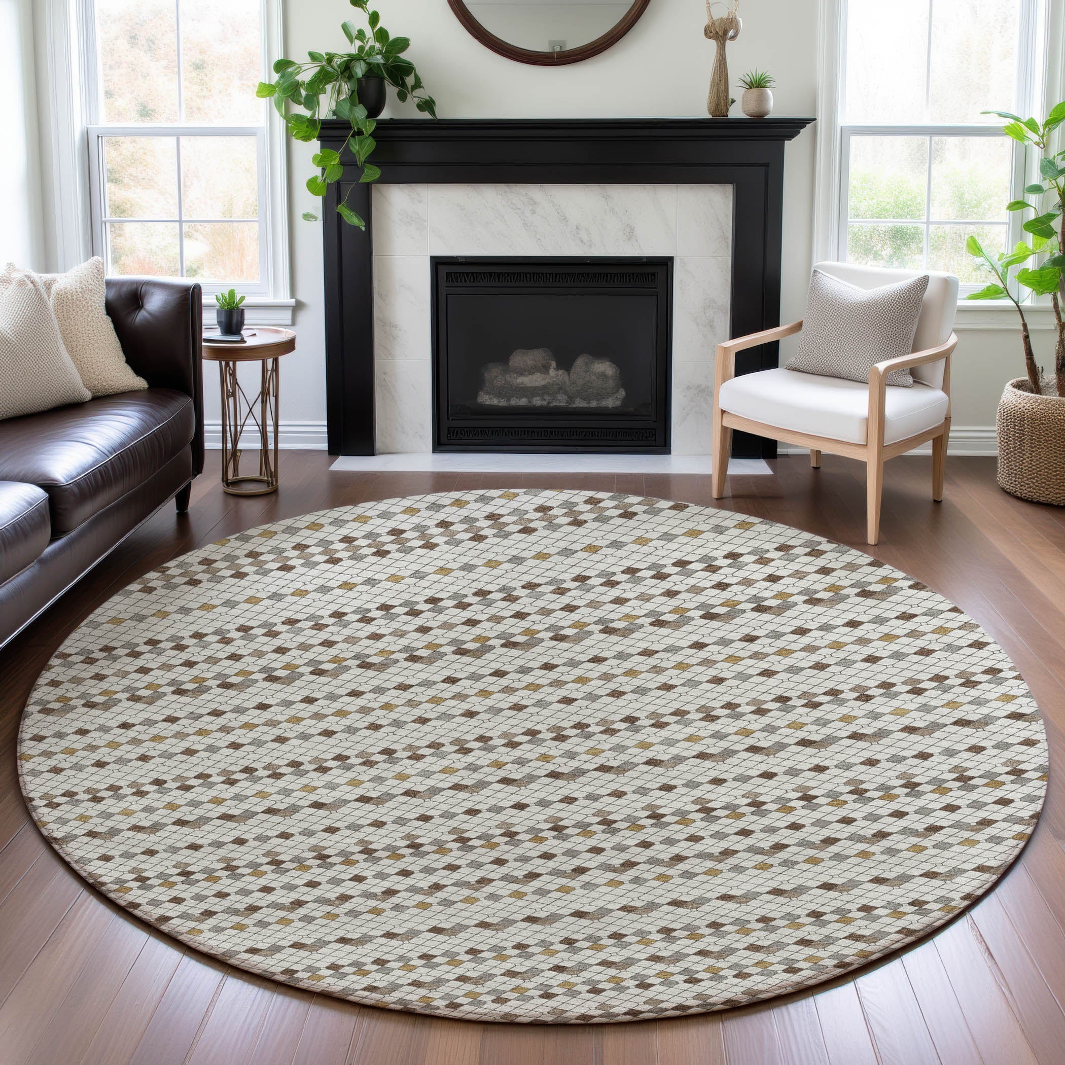 Kathmandu Machine Washable Transitional Ivory Rug 8' x 8' #shape_Round