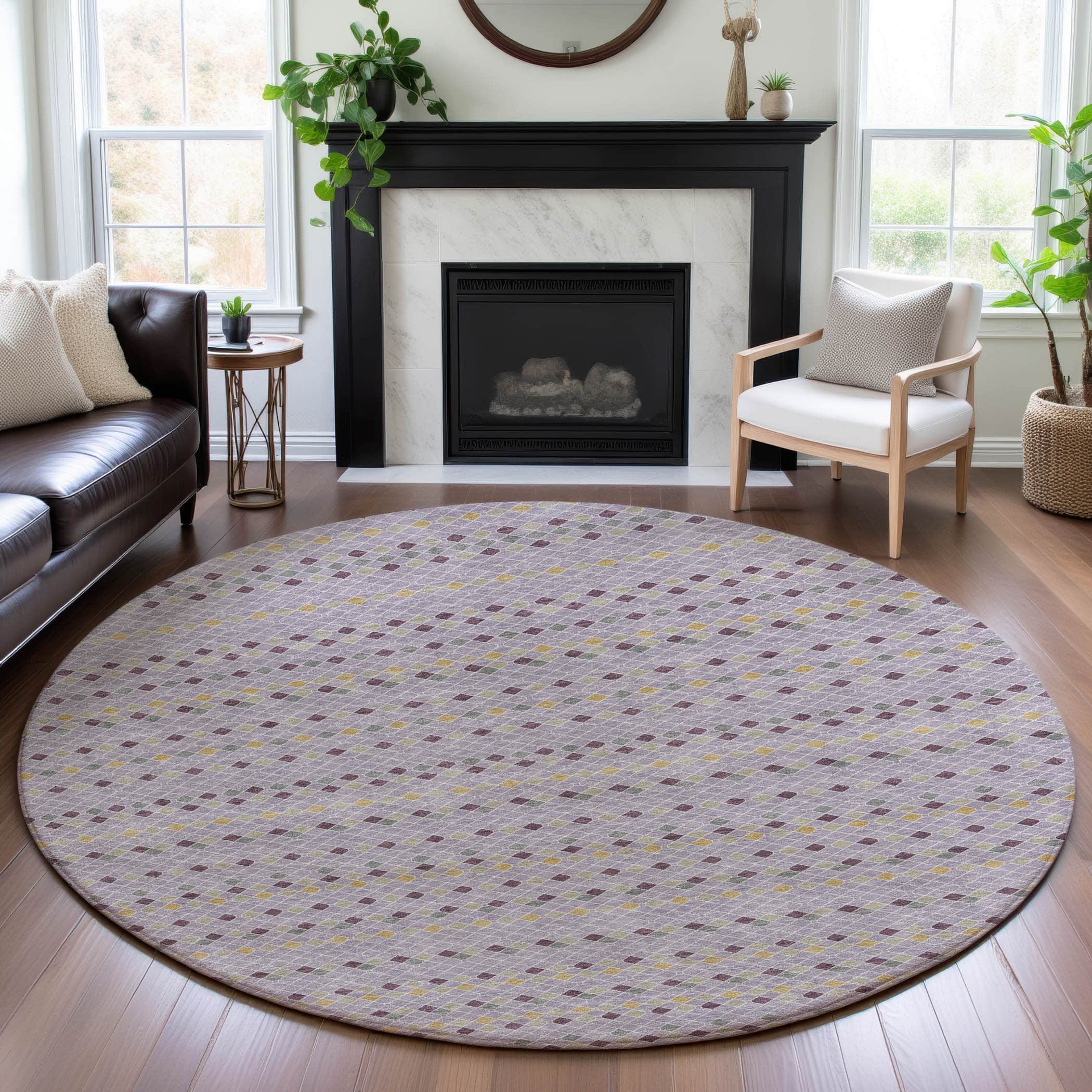 Kathmandu Machine Washable Transitional Lavender Purple Rug 8' x 8' #shape_Round