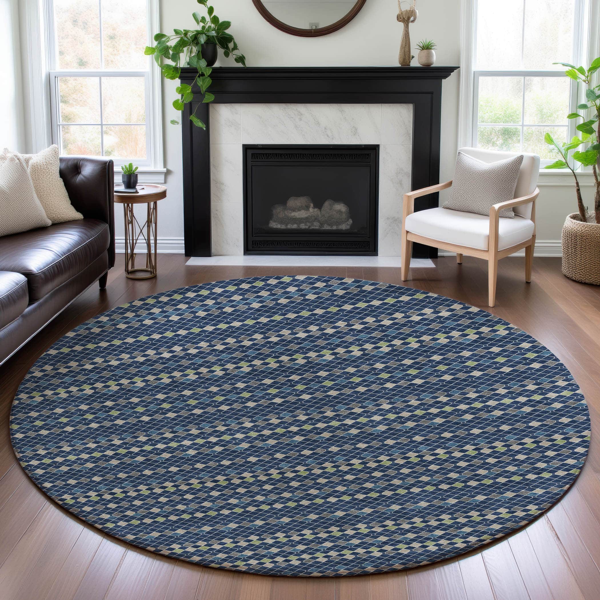 Kathmandu Machine Washable Transitional Navy Blue Rug 8' x 8' #shape_Round