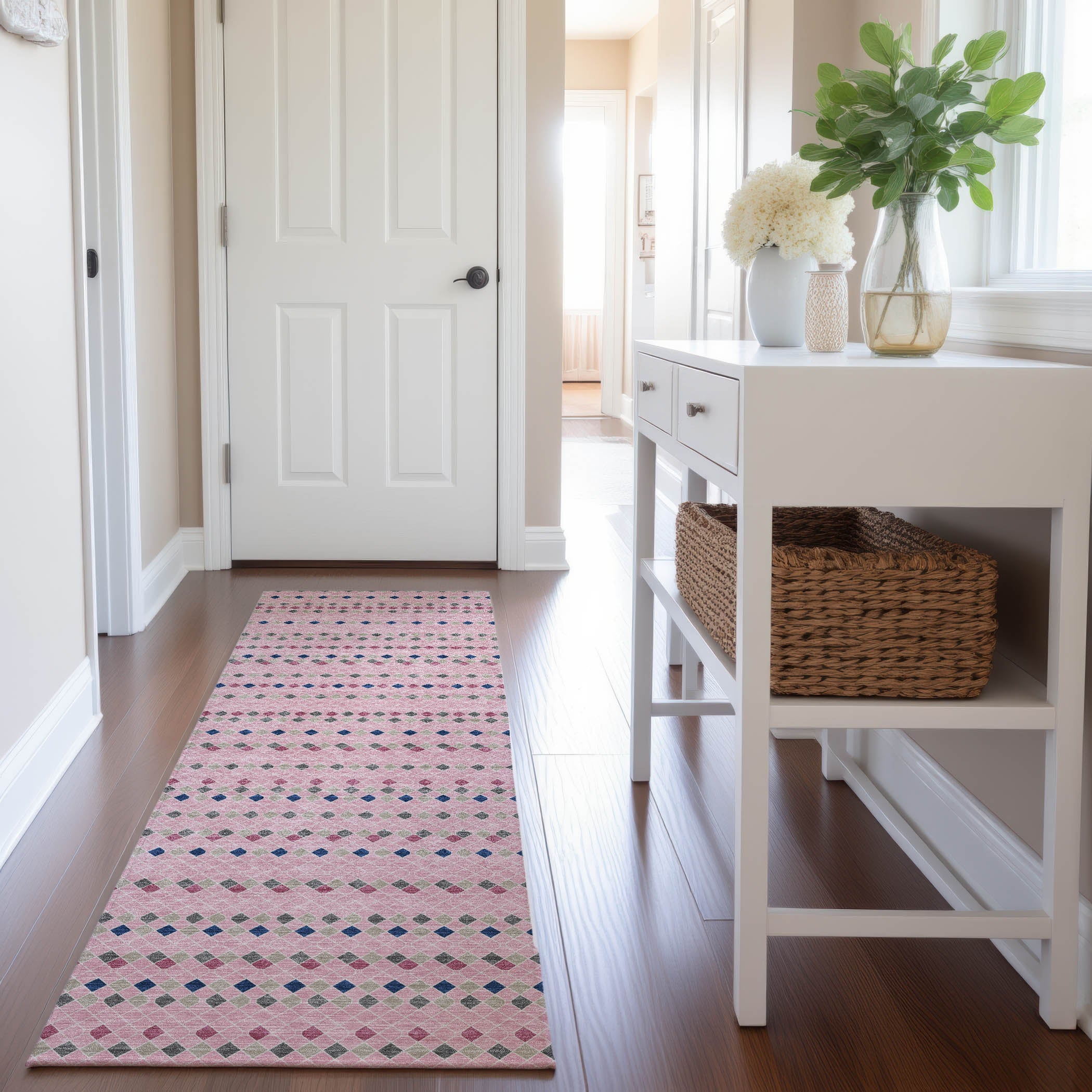 Kathmandu Machine Washable Transitional Pink Rug 2'3" x 7'6" #shape_Runner