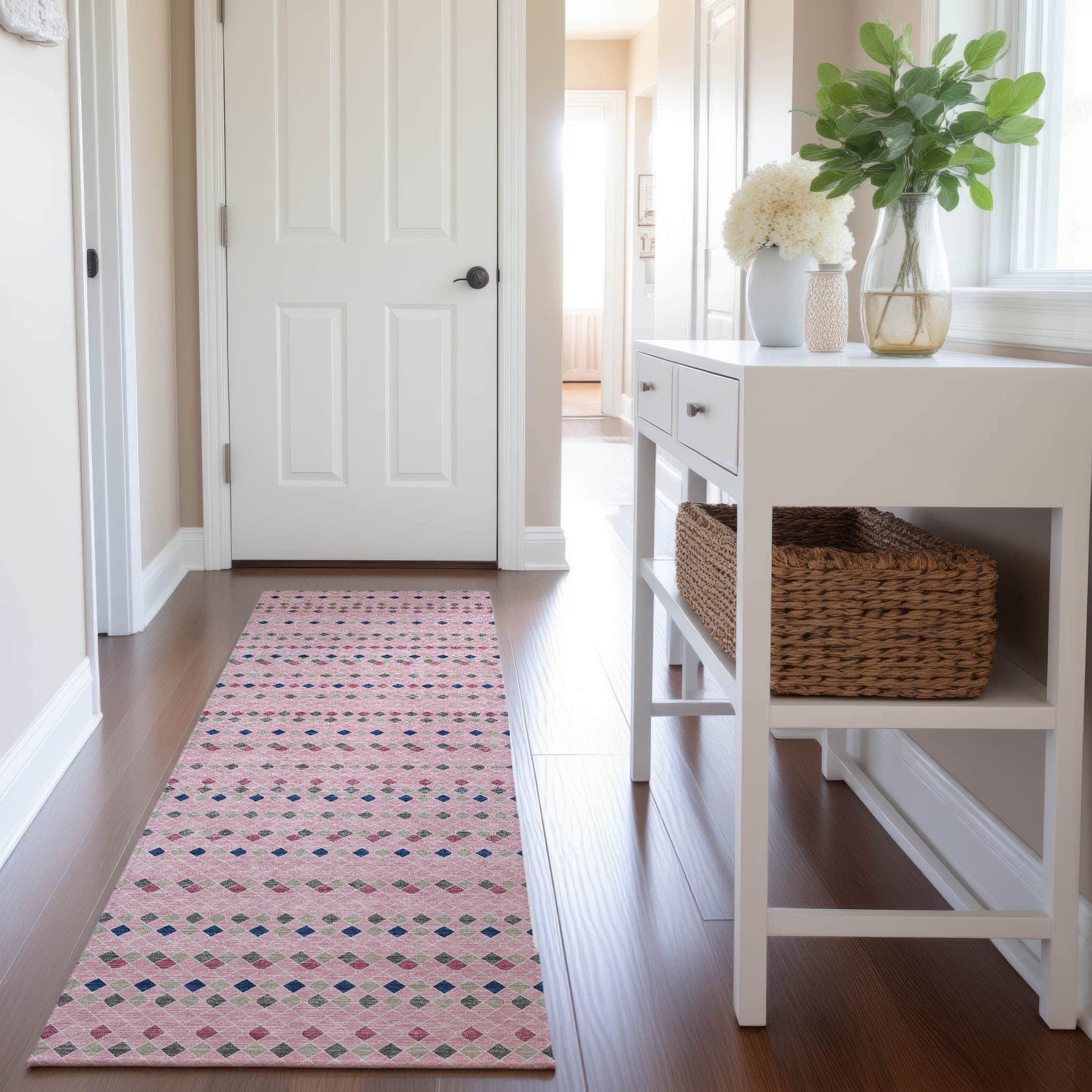 Kathmandu Machine Washable Transitional Pink Rug 2'3" x 7'6" #shape_Runner