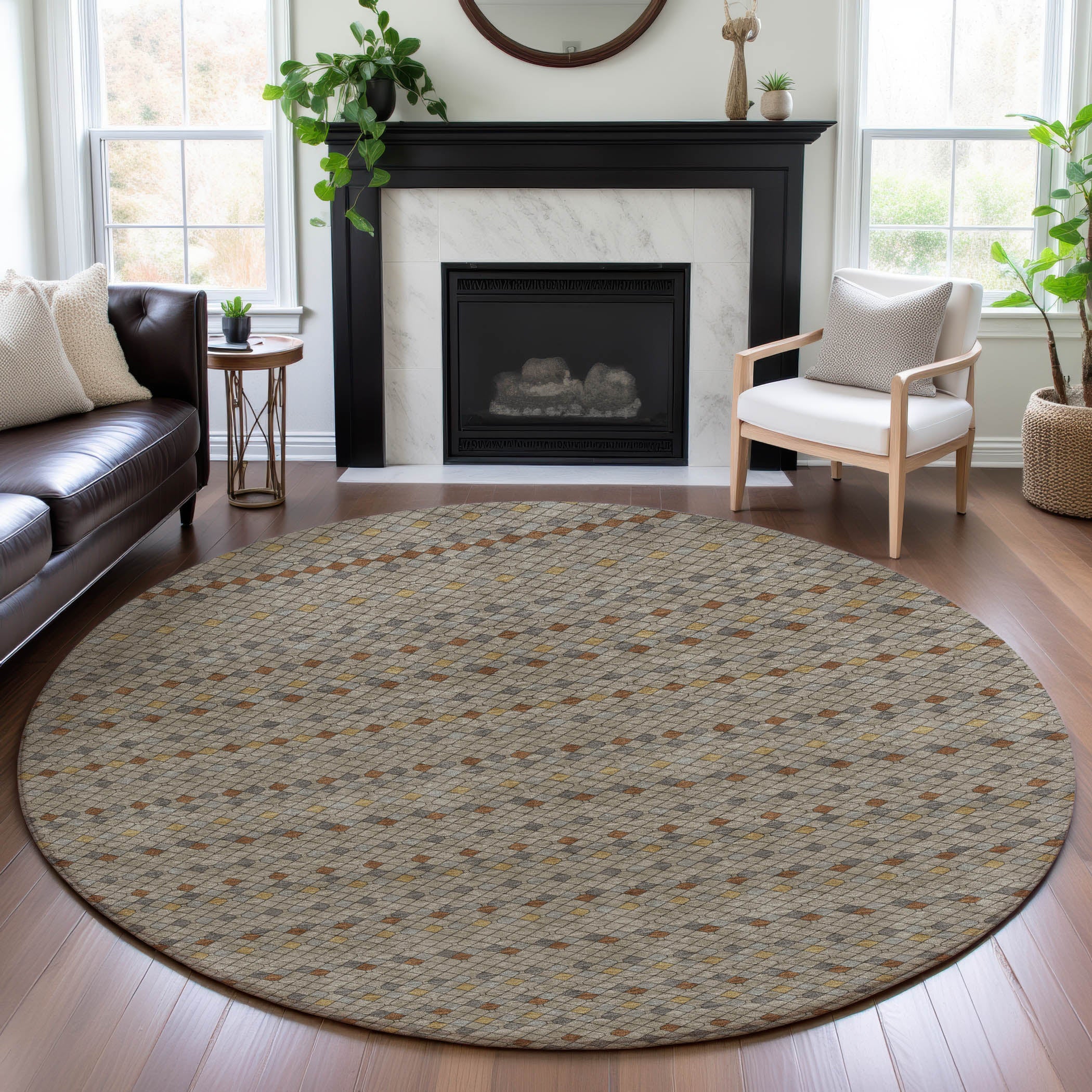 Kathmandu Machine Washable Transitional Taupe Brown Rug 8' x 8' #shape_Round