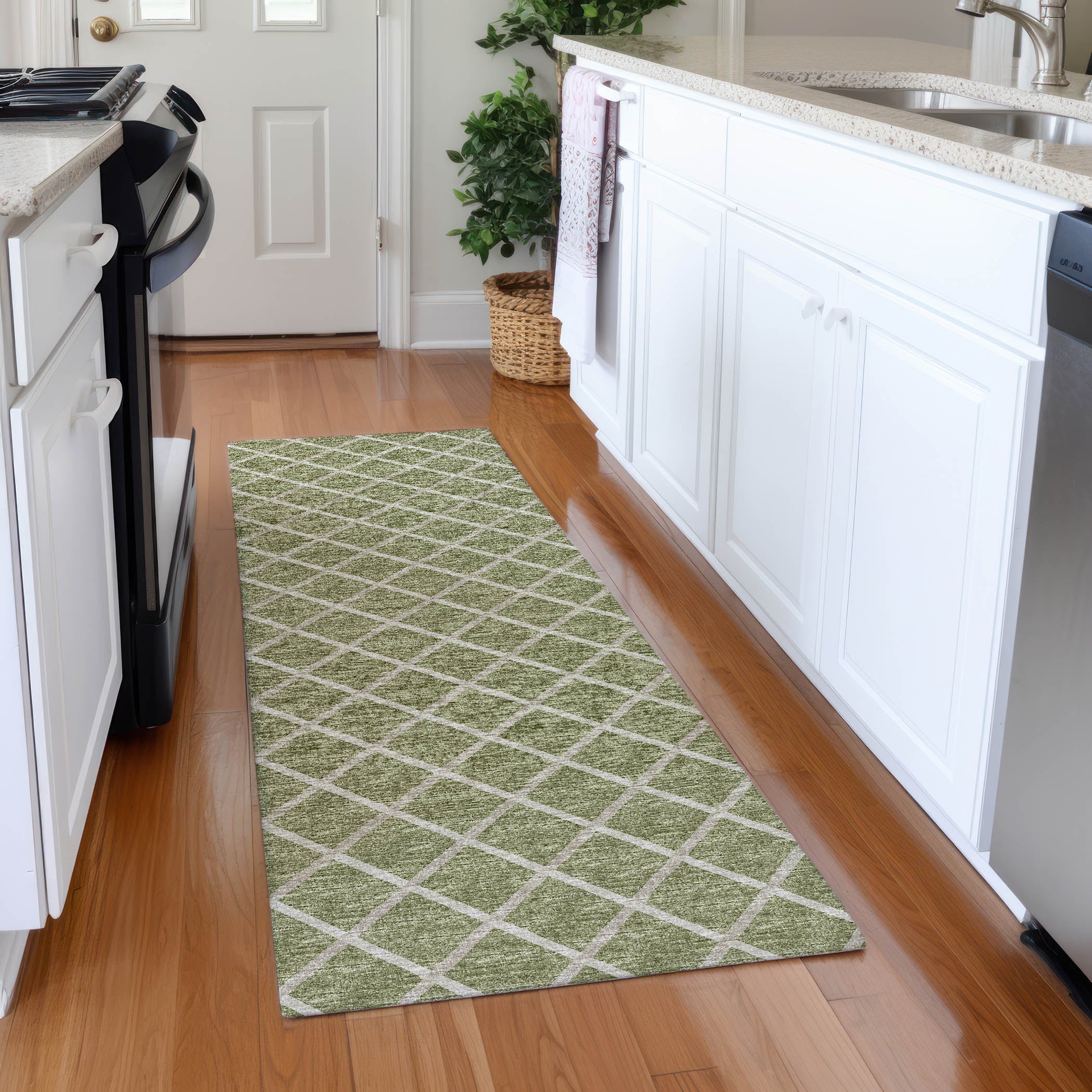 Oaxaca Machine Washable Transitional Aloe Green Rug 2'3" x 7'6" #shape_Runner