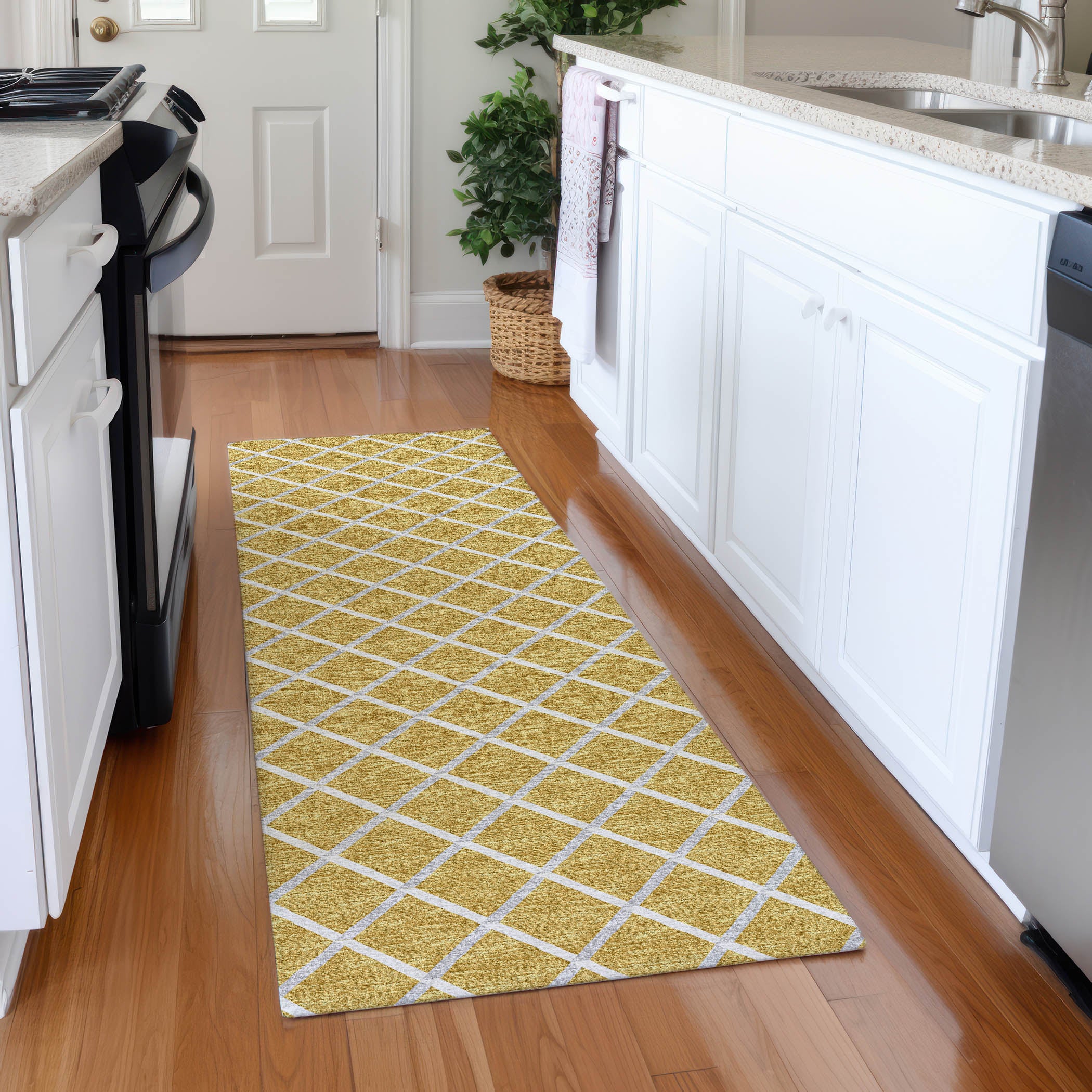Oaxaca Machine Washable Transitional Gold Rug 2'3" x 7'6" #shape_Runner