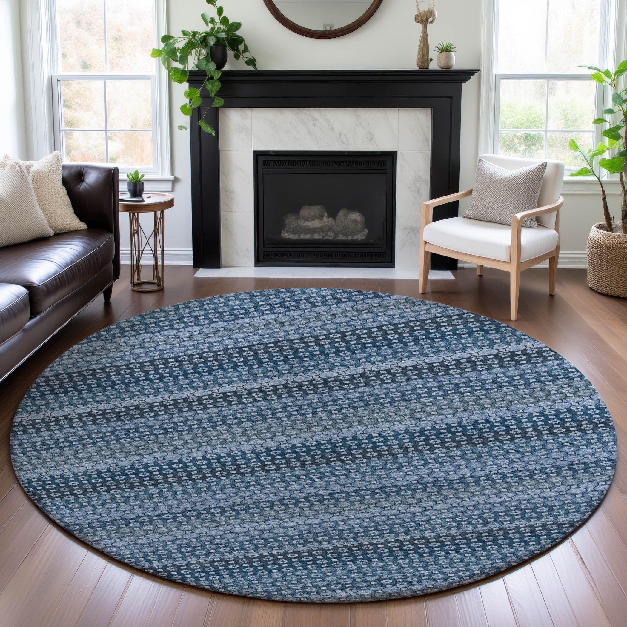 Tallinn Machine Washable Transitional Denim Blue Rug 8' x 8' #shape_Round