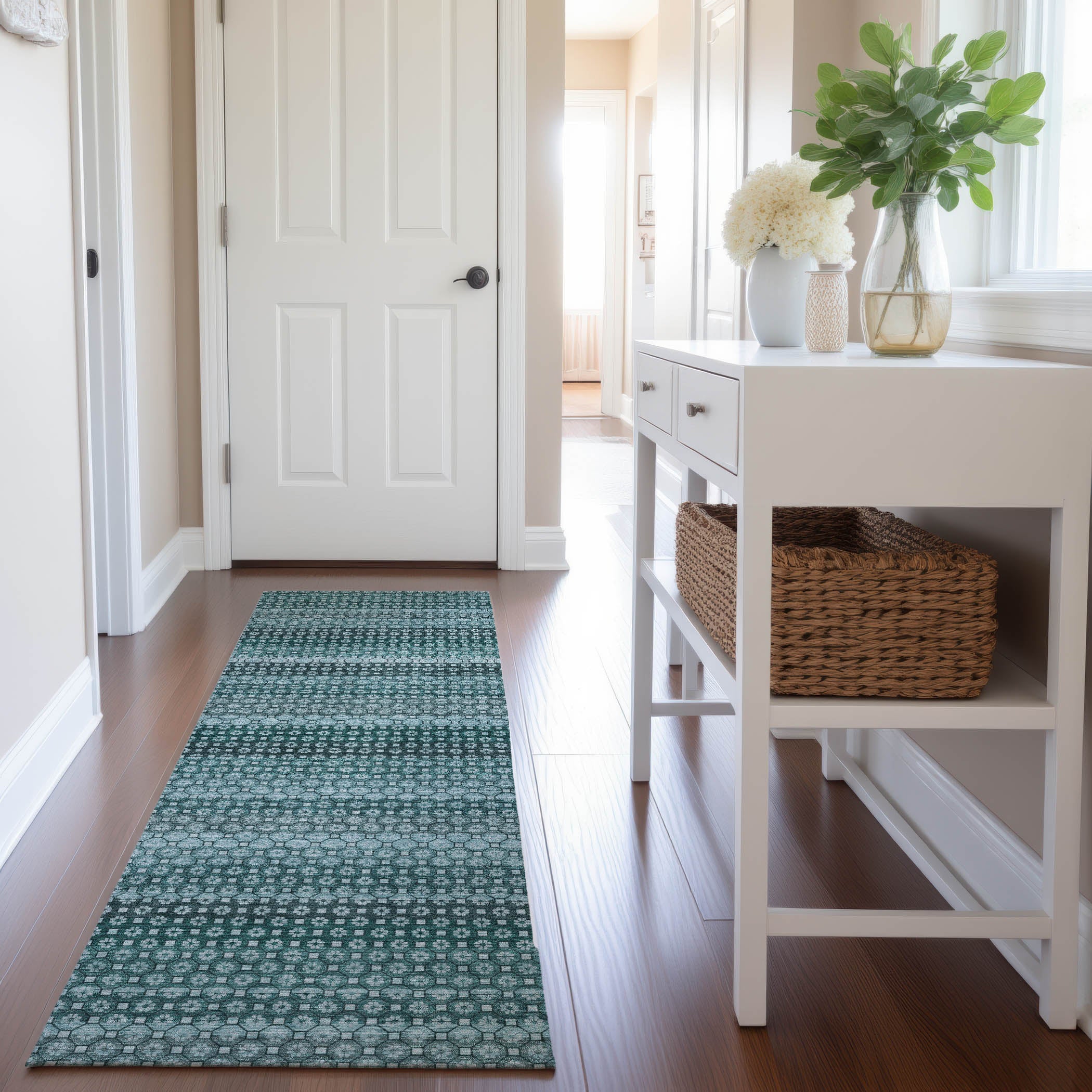 Tallinn Machine Washable Transitional Teal Rug 2'3" x 7'6" #shape_Runner