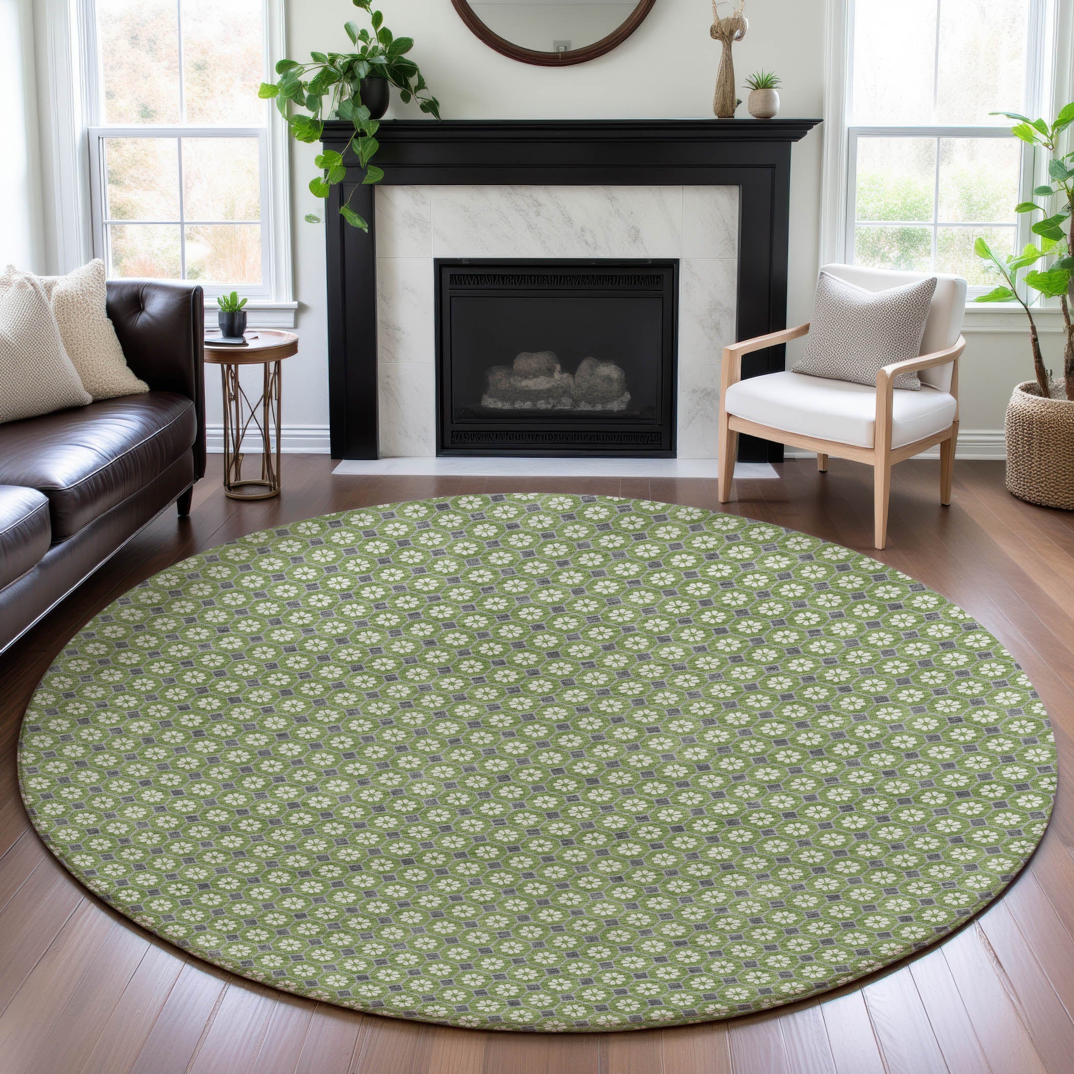 Siena Machine Washable Transitional Green Rug 8' x 8' #shape_Round