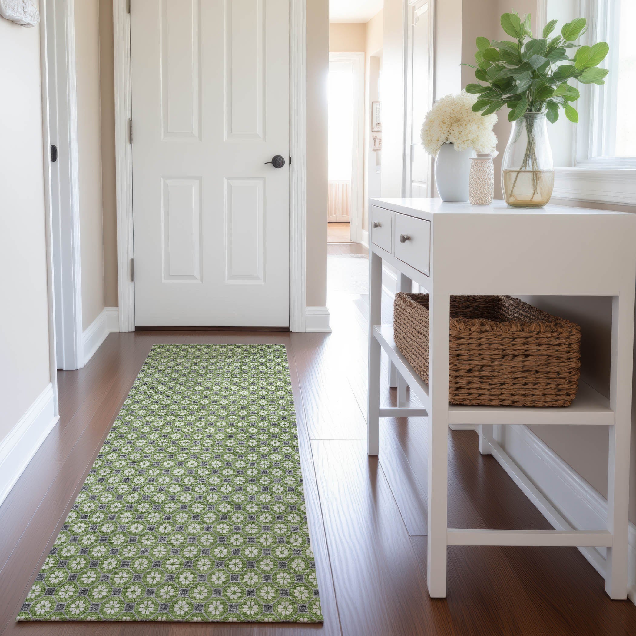 Siena Machine Washable Transitional Green Rug 2'3" x 7'6" #shape_Runner