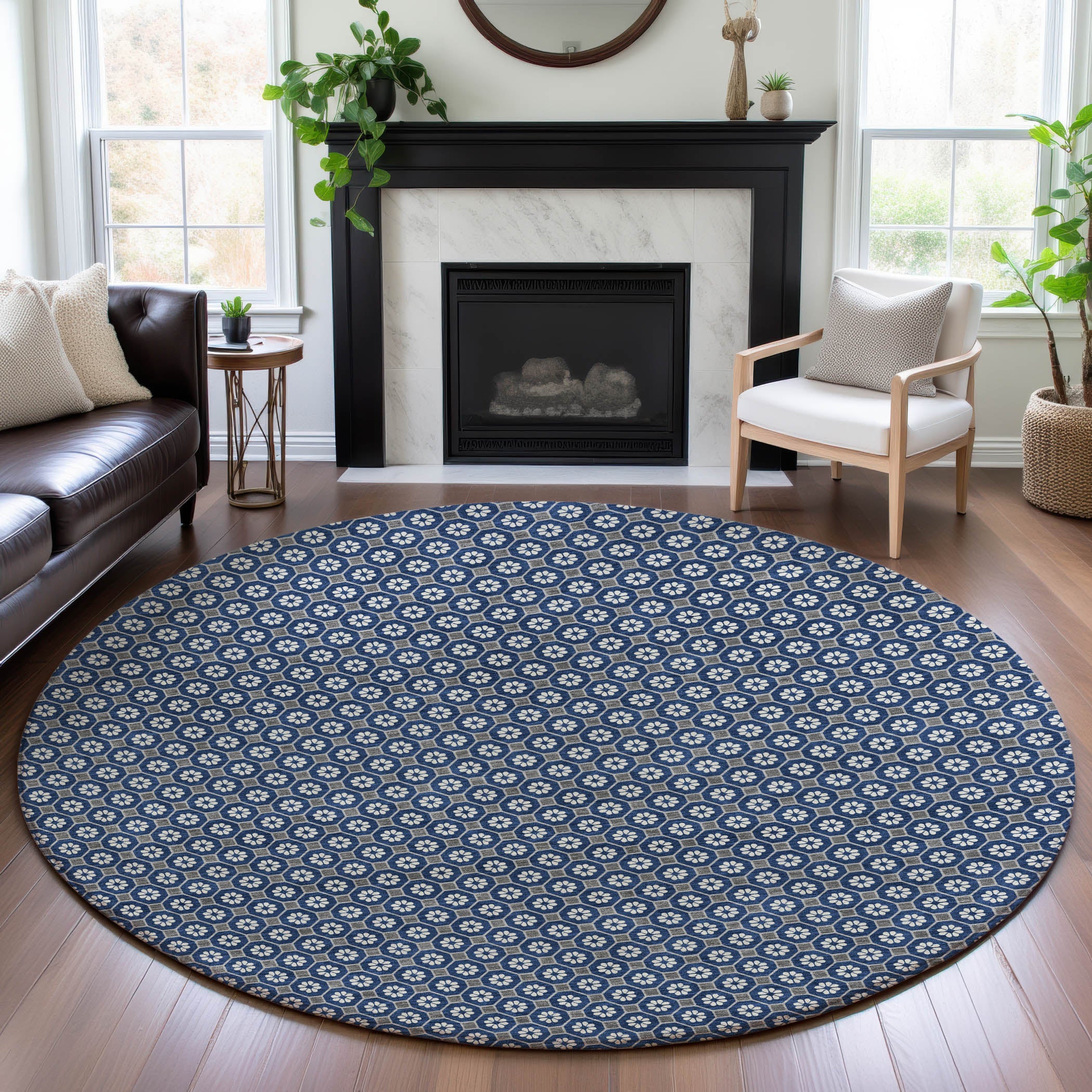 Siena Machine Washable Transitional Navy Blue Rug 8' x 8' #shape_Round