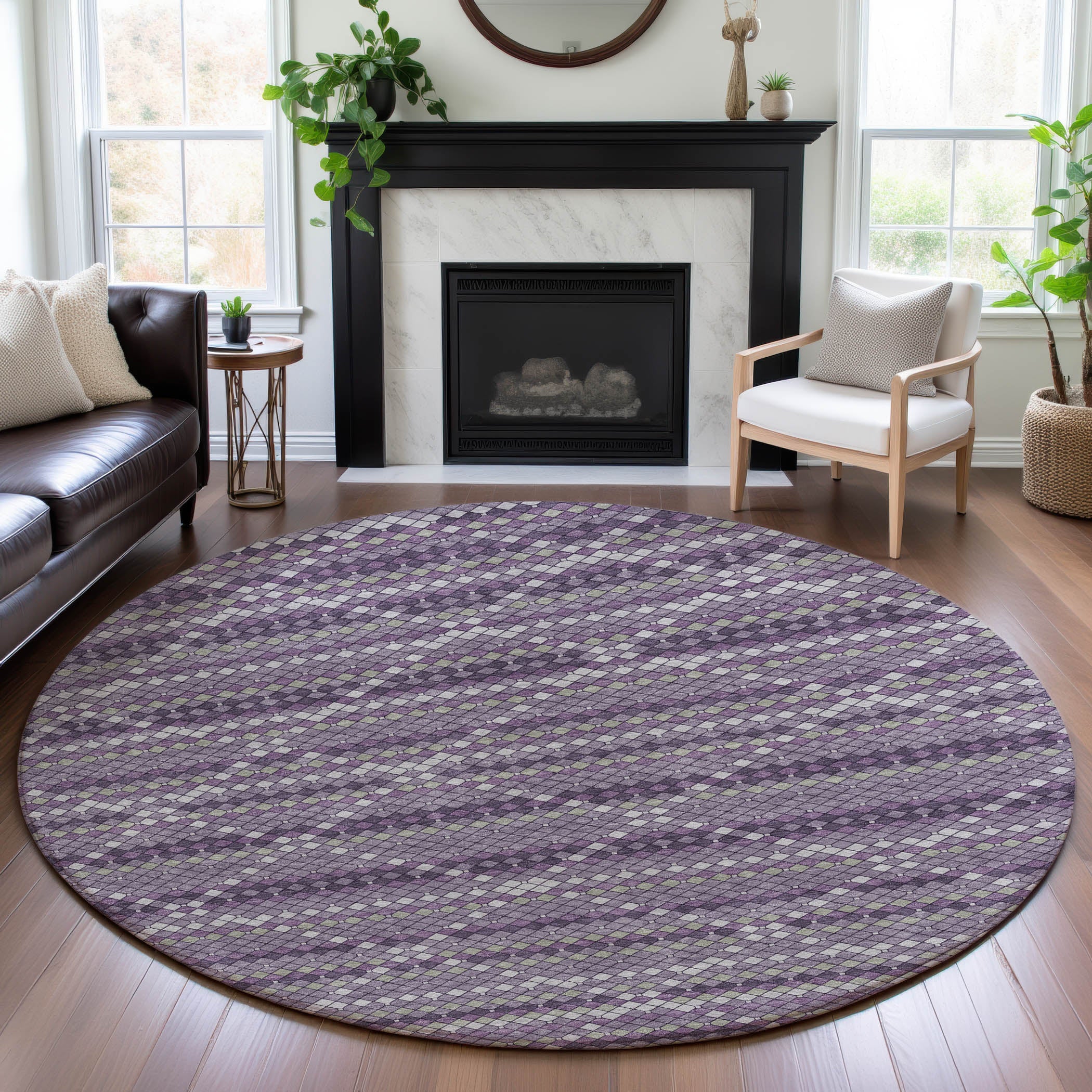 Bangkok Machine Washable Transitional Purple Rug 8' x 8' #shape_Round